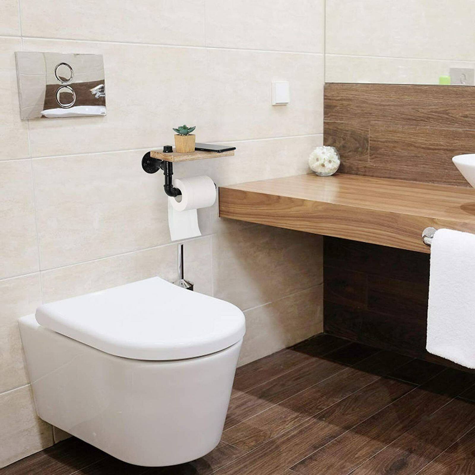 Natural Brown Industrial Wall-Mounted Rustic Toilet Paper Holder with Wood Shelf