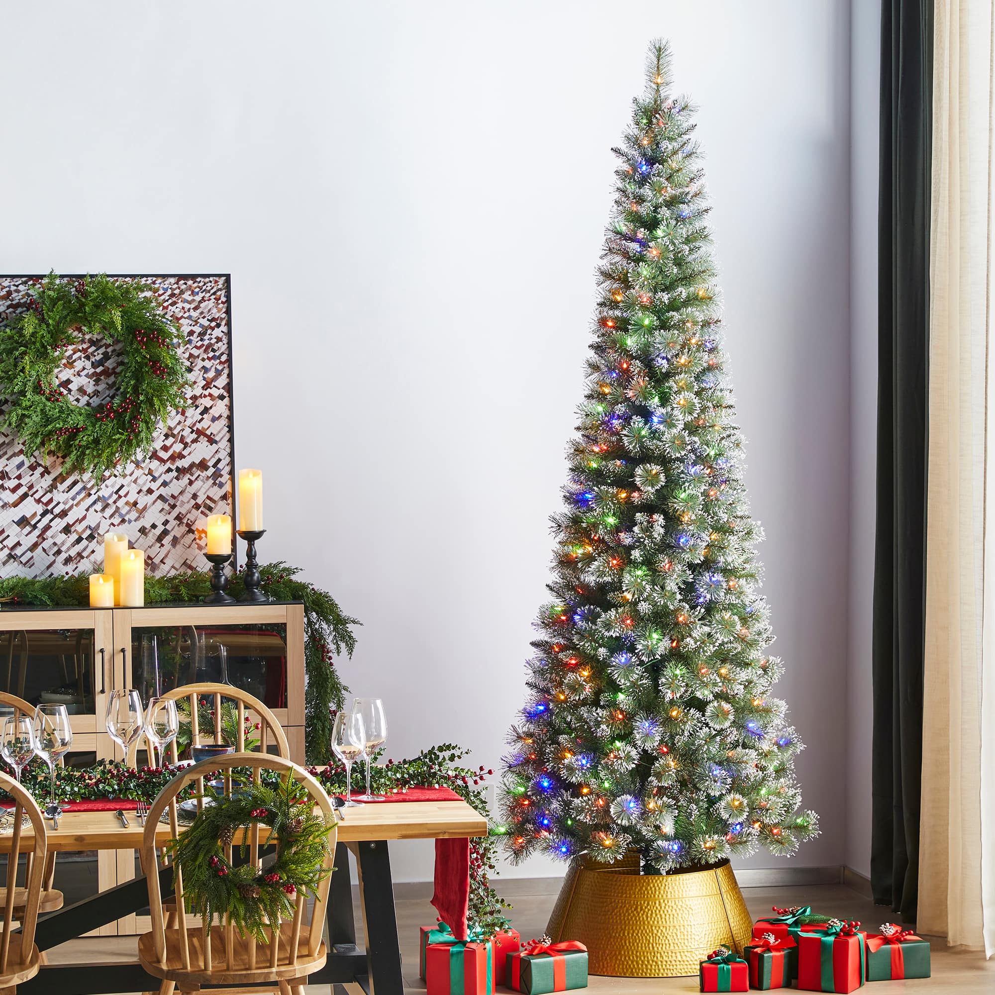 Glitzhome&#xAE; 9ft Pre-Lit Frosted Cashmere Pencil Pine Artificial Christmas Tree, Multicolor LED Lights