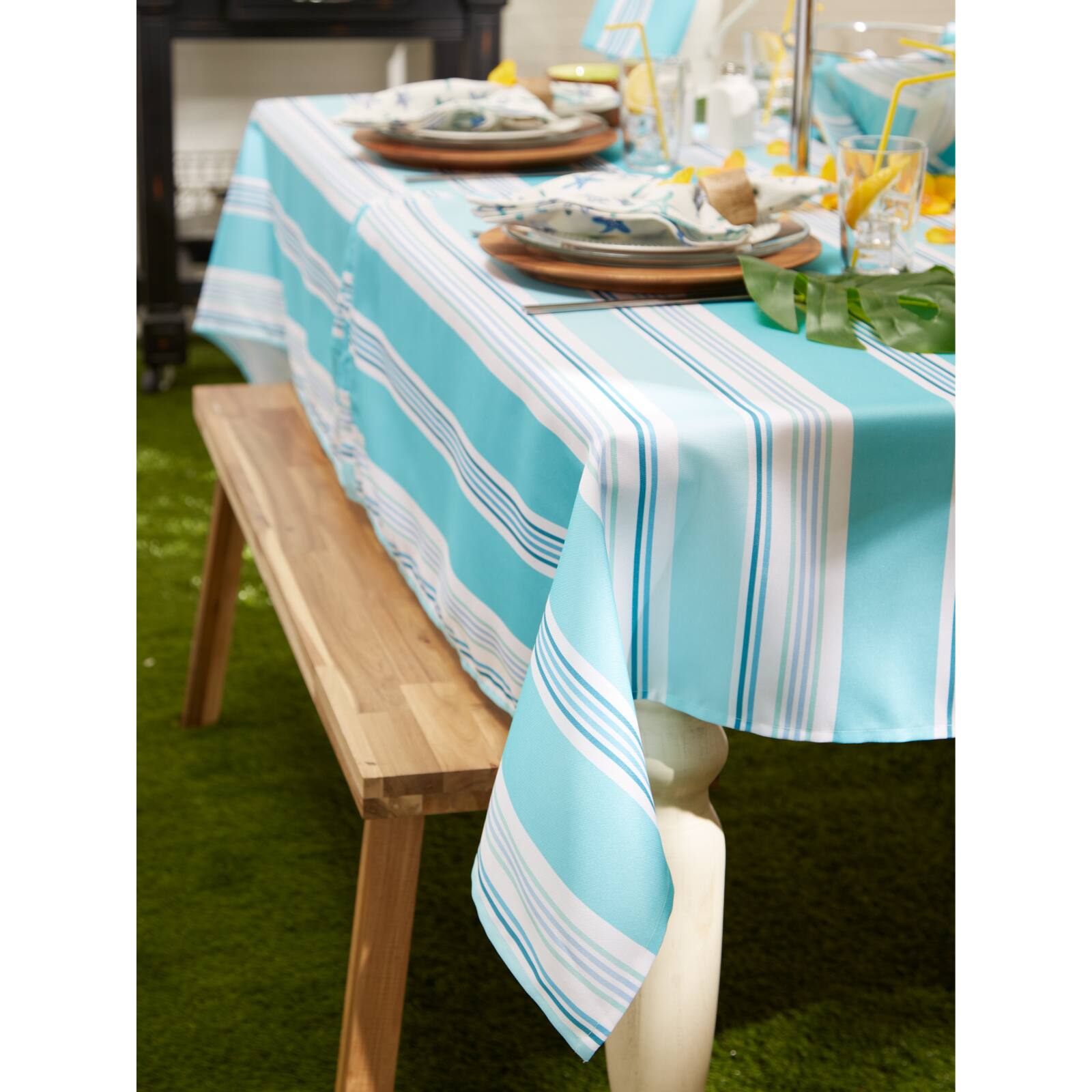 Beach House Stripe Print Outdoor Tablecloth With Zipper 60&#x22; x 84&#x22;