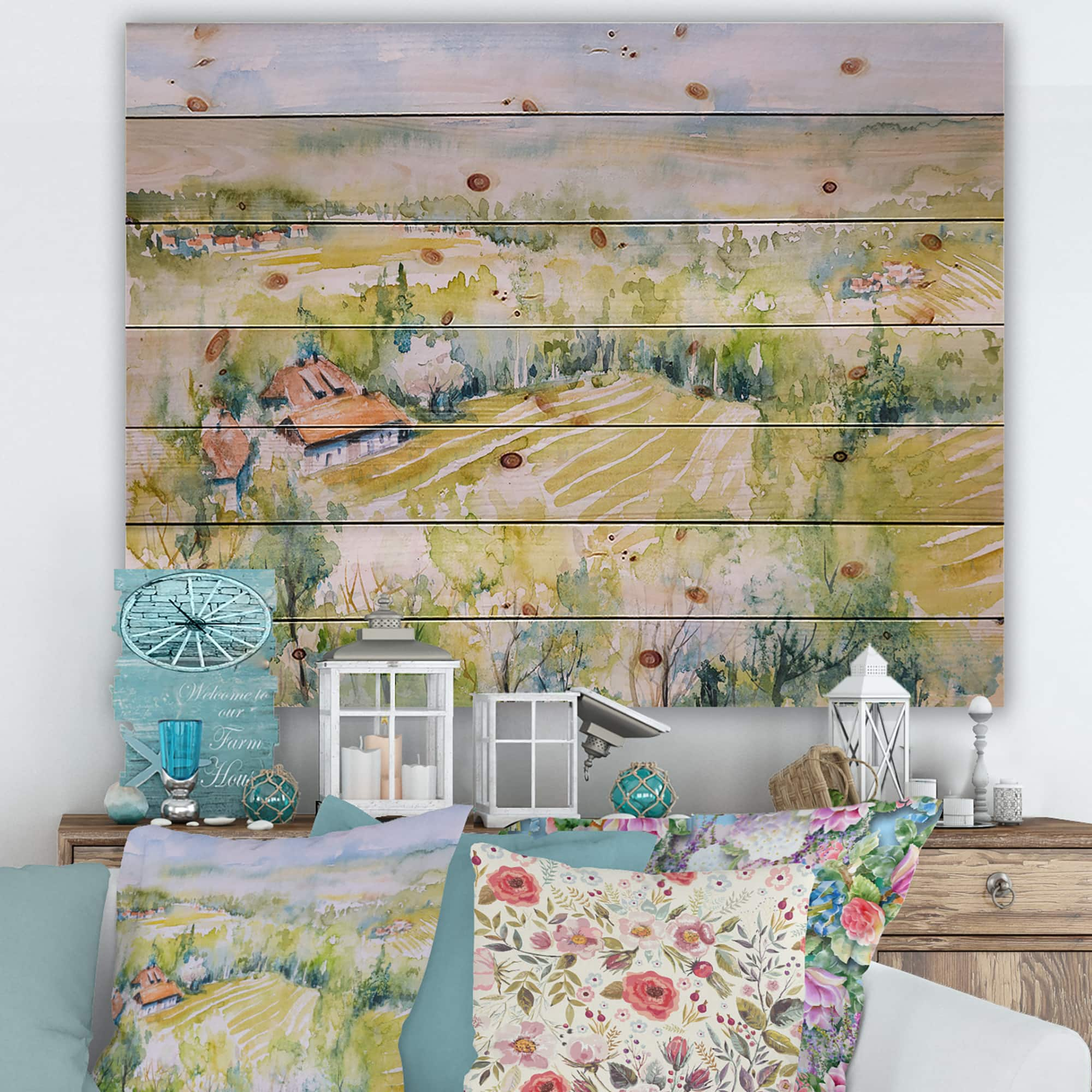 Designart - Blossoming Green Fields In Countryside - Country Print on Natural Pine Wood