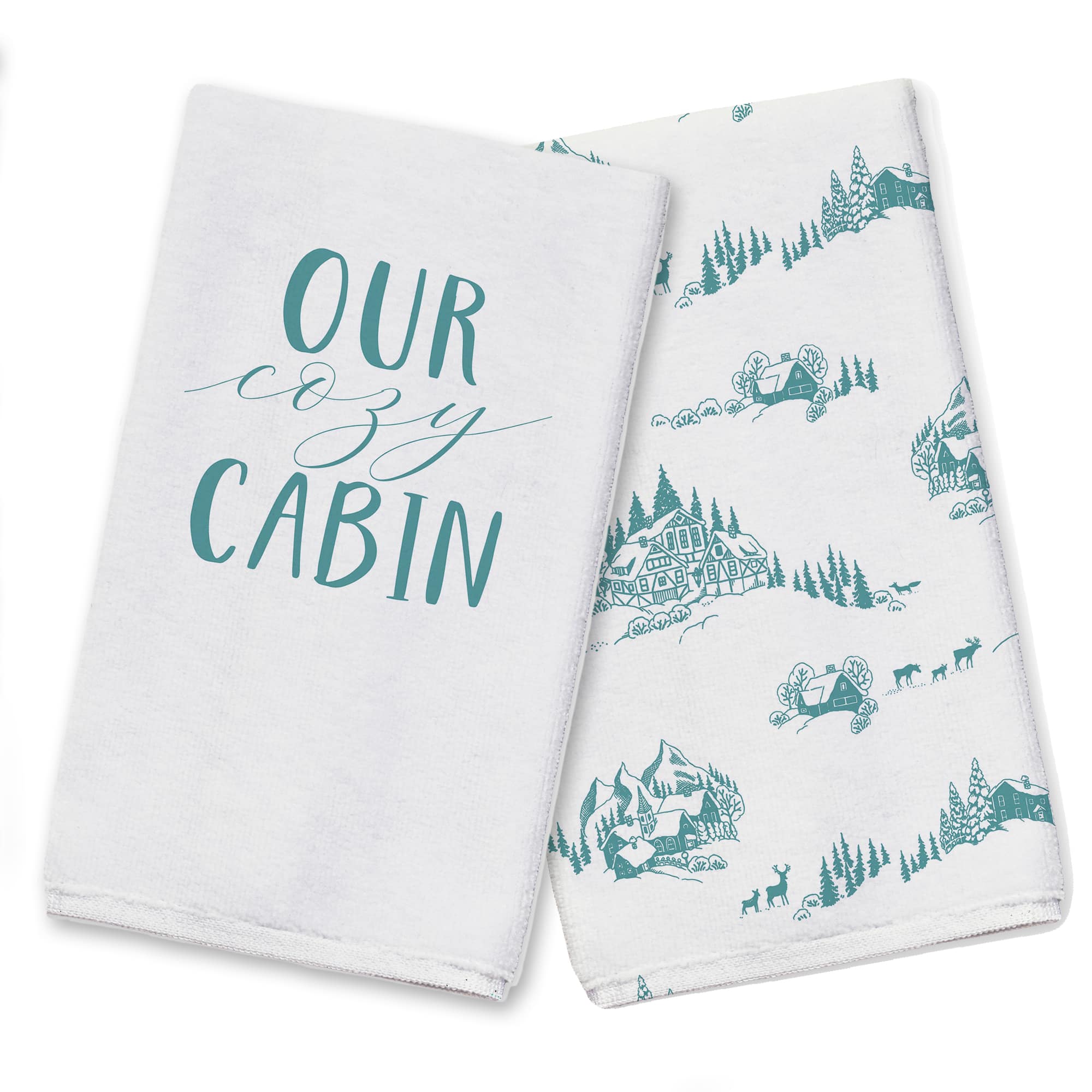 Snowy Town Teal Tea Towels - Set of 2