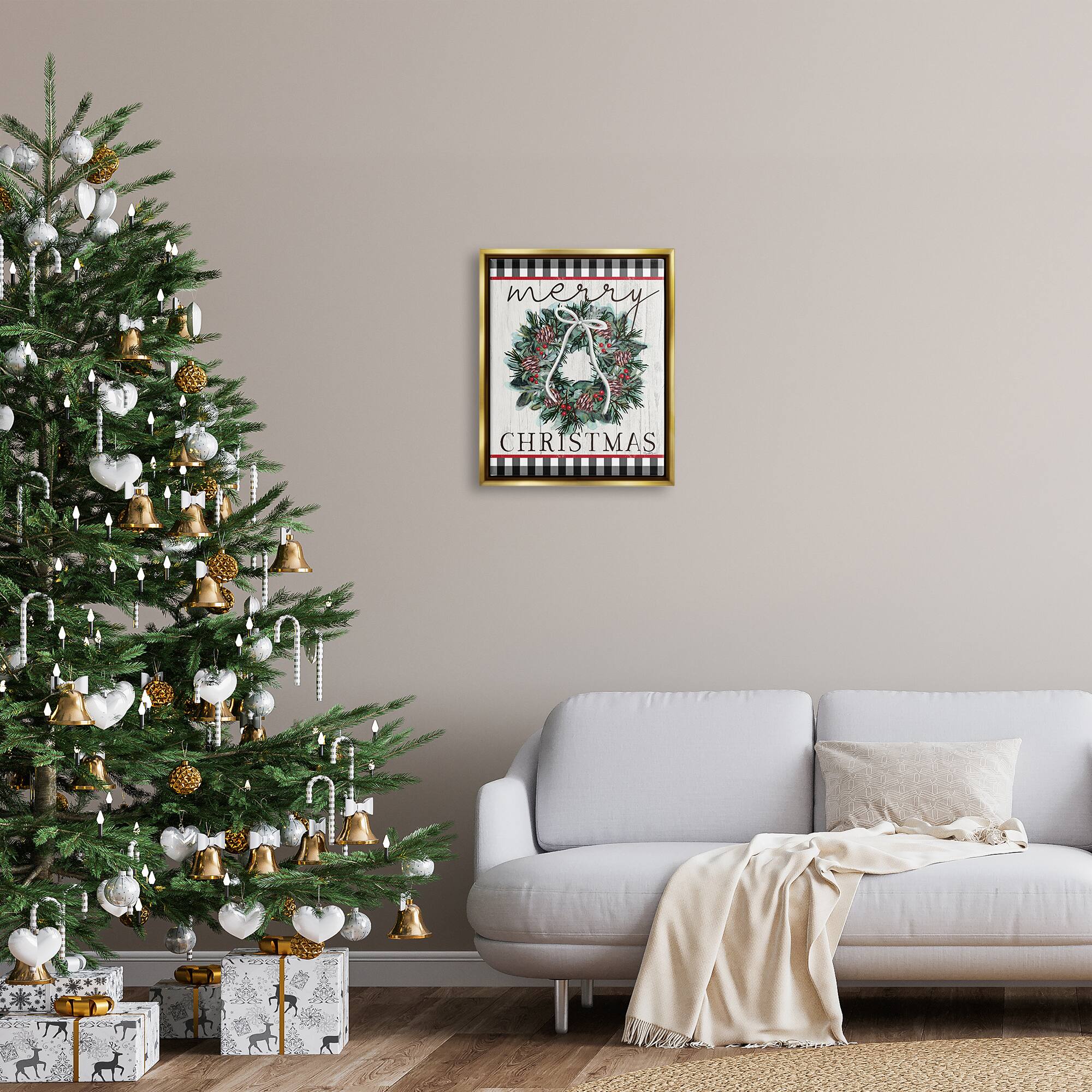 Stupell Industries Merry Christmas Tartan Wreath Framed Floater Canvas Wall Art