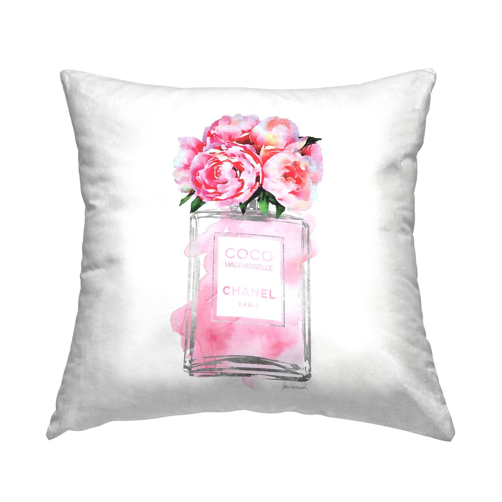 Stupell Industries Glam Perfume Bottle Flower Silver Pink Peony Throw Pillow  18 x 18