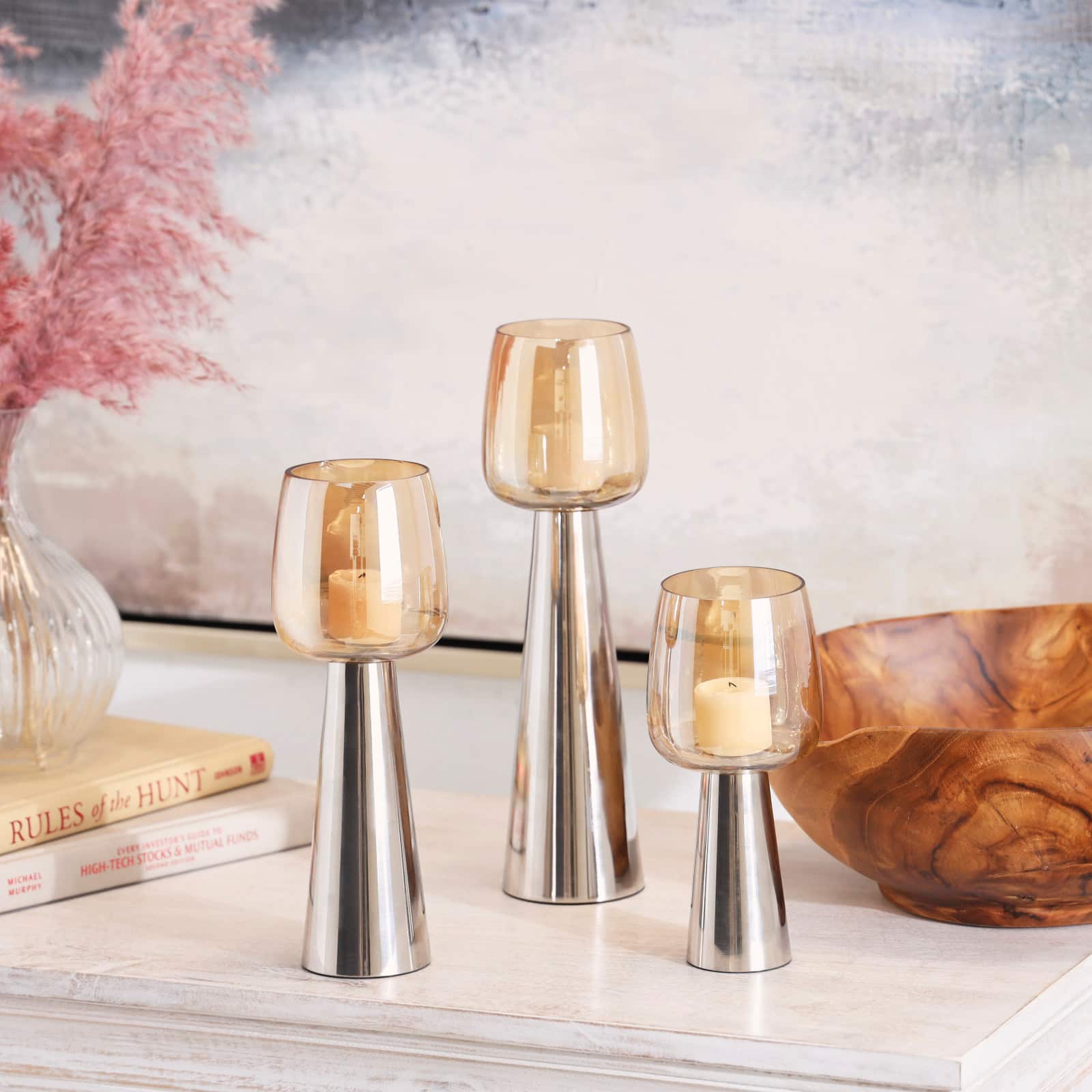 Contemporary Stainless Steel & Glass Candle Holder Set