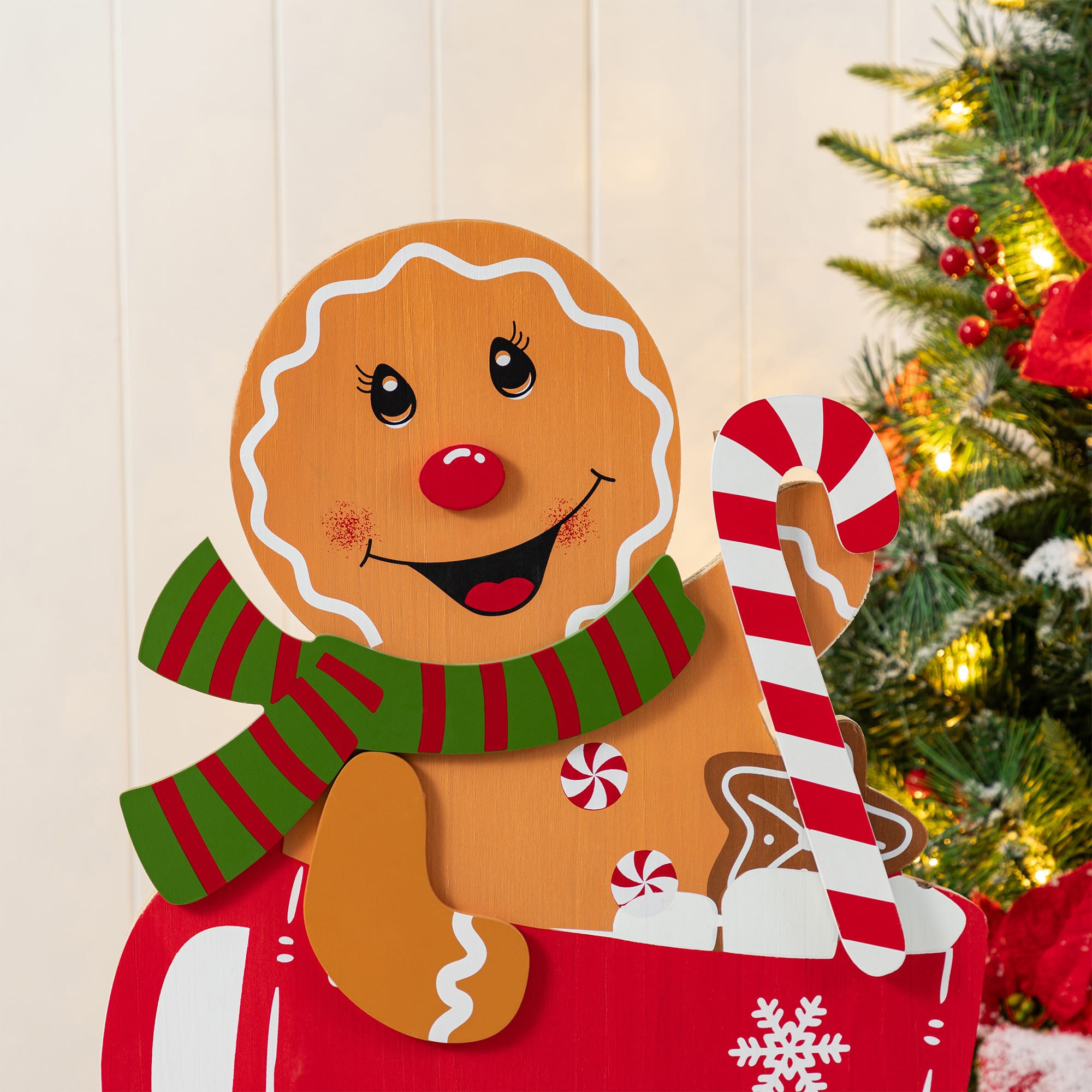 Glitzhome&#xAE; 34.5&#x22; Wooden Christmas Gingerbread Man on Coffee Cup Porch Decor