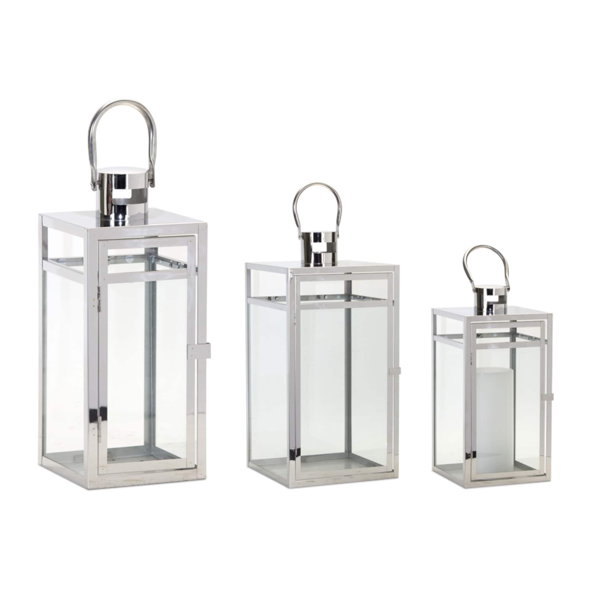 Stainless Steel &#x26; Glass Lantern Set, 11.75&#x22;, 16&#x22; &#x26; 20.5&#x22;