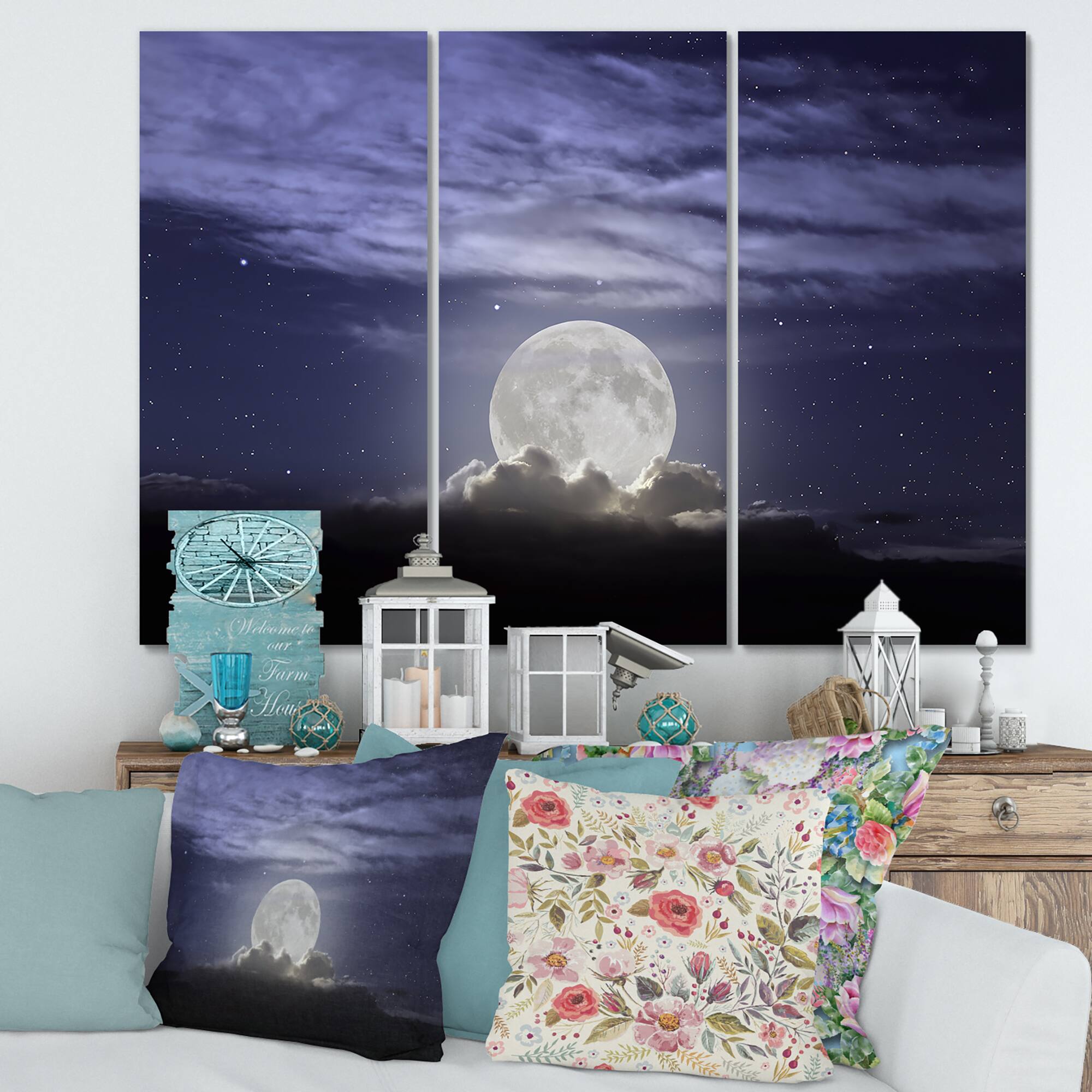 Designart - Full Moon Rising In A Cloudy Night