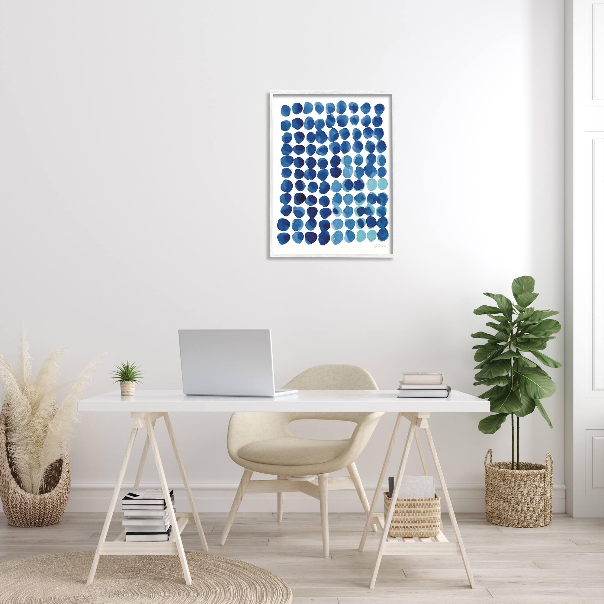 Stupell Industries Blue Polka Dot Pattern Circle Shape Grid Watercolor Framed Wall Art