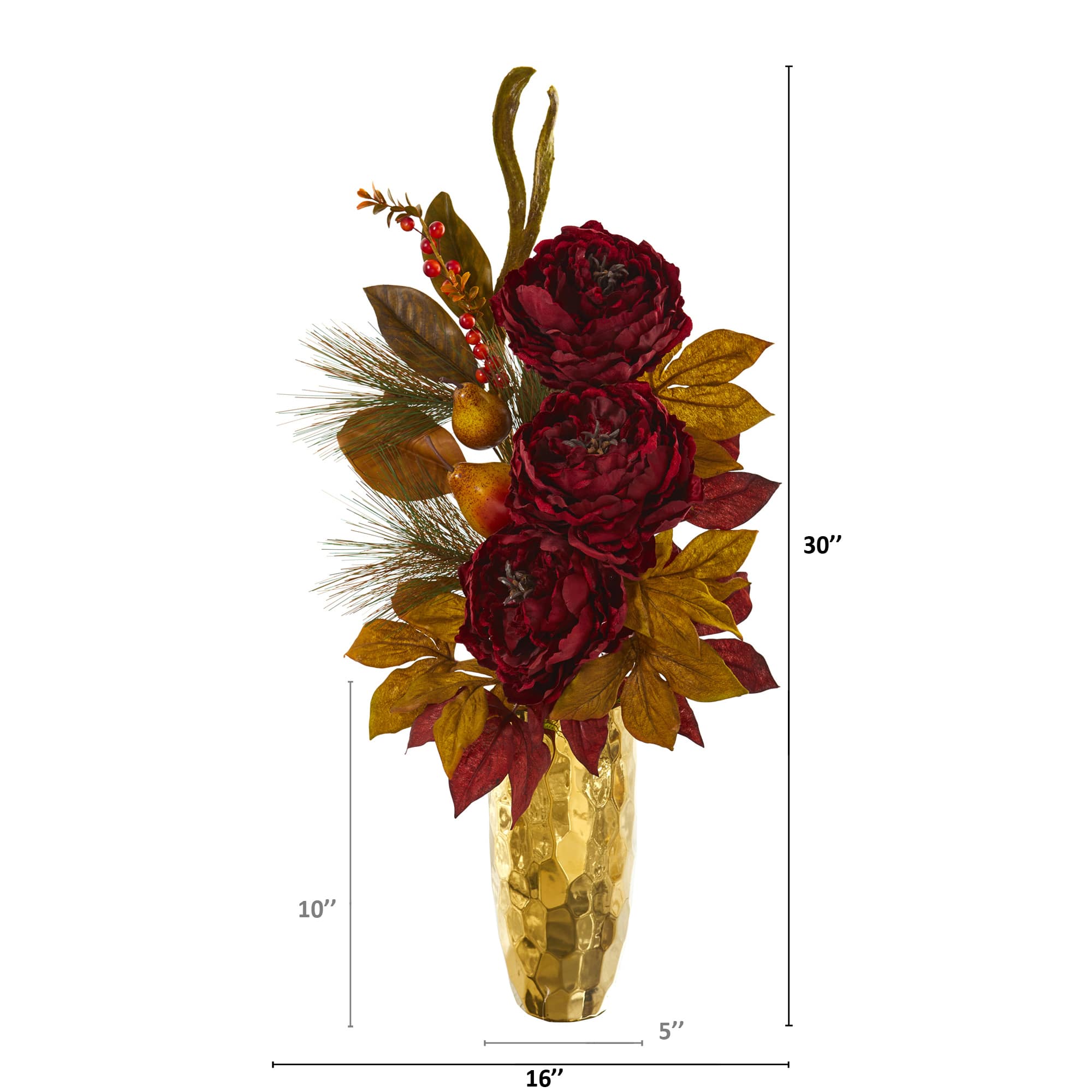 2.5ft. Red Peony, Pear & Magnolia Leaf Arrangement in Gold Vase
