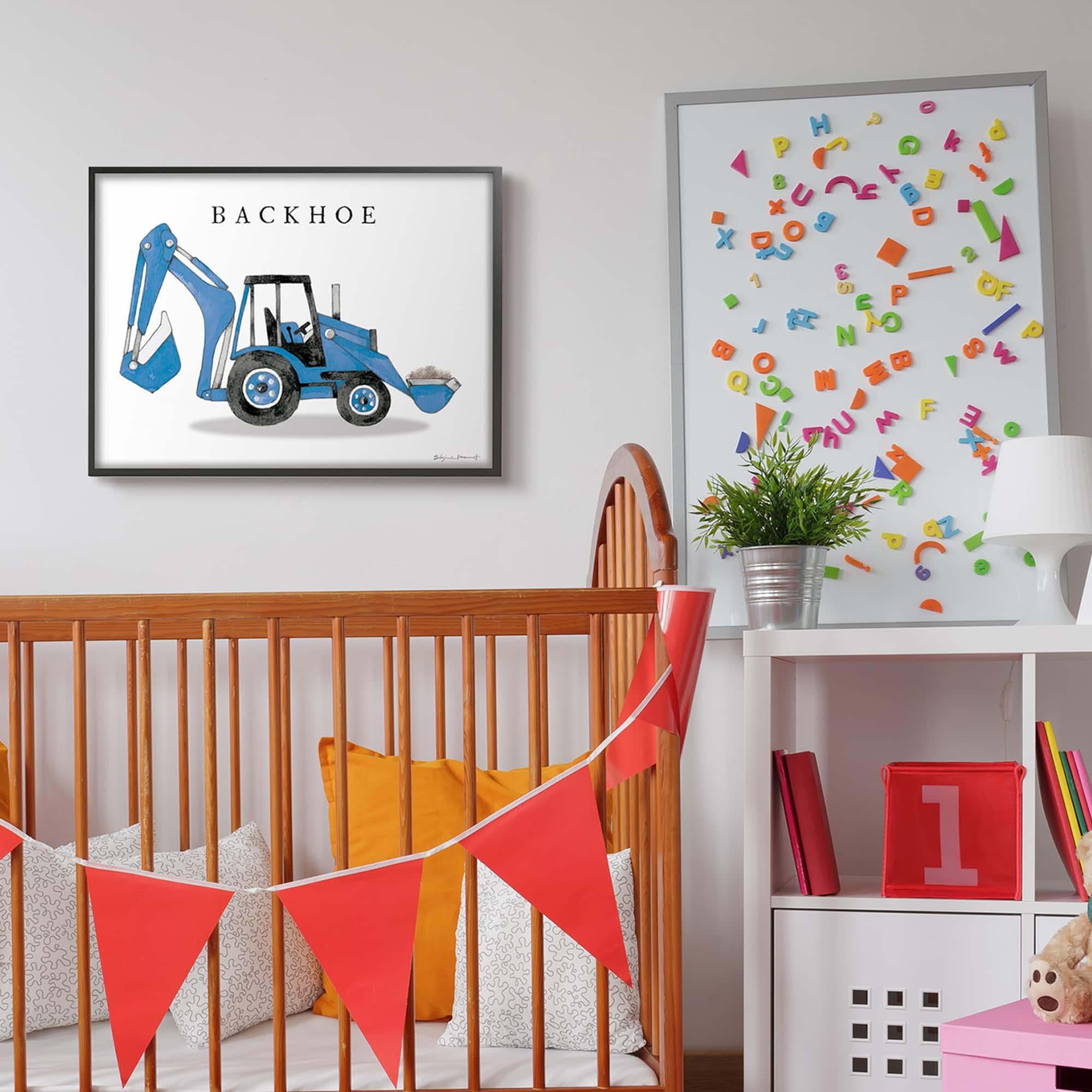 Stupell Industries Blue Backhoe Construction Truck Wall Art in Black Frame