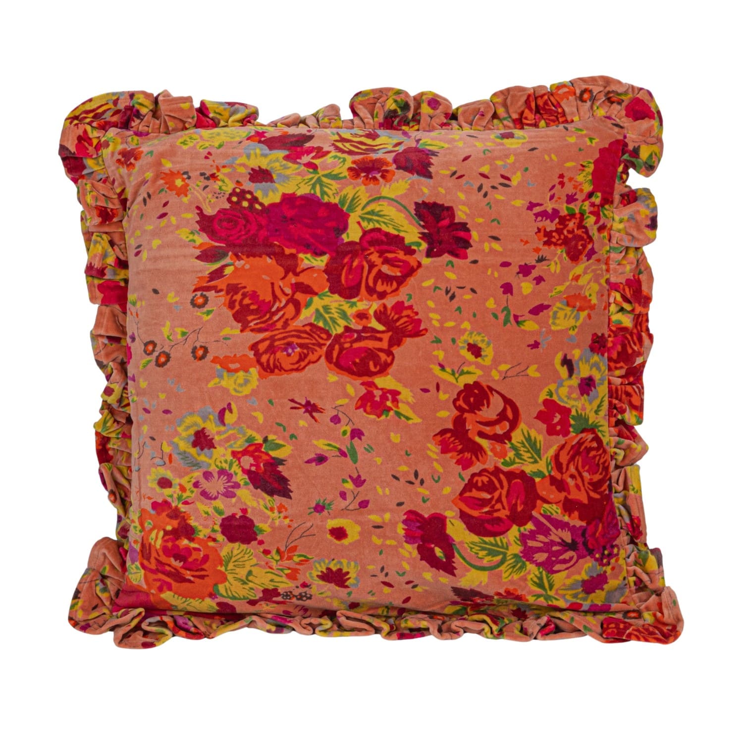 Hello Honey® Red Floral Printed Chambray Back & Ruffle Cotton Velvet Pillow