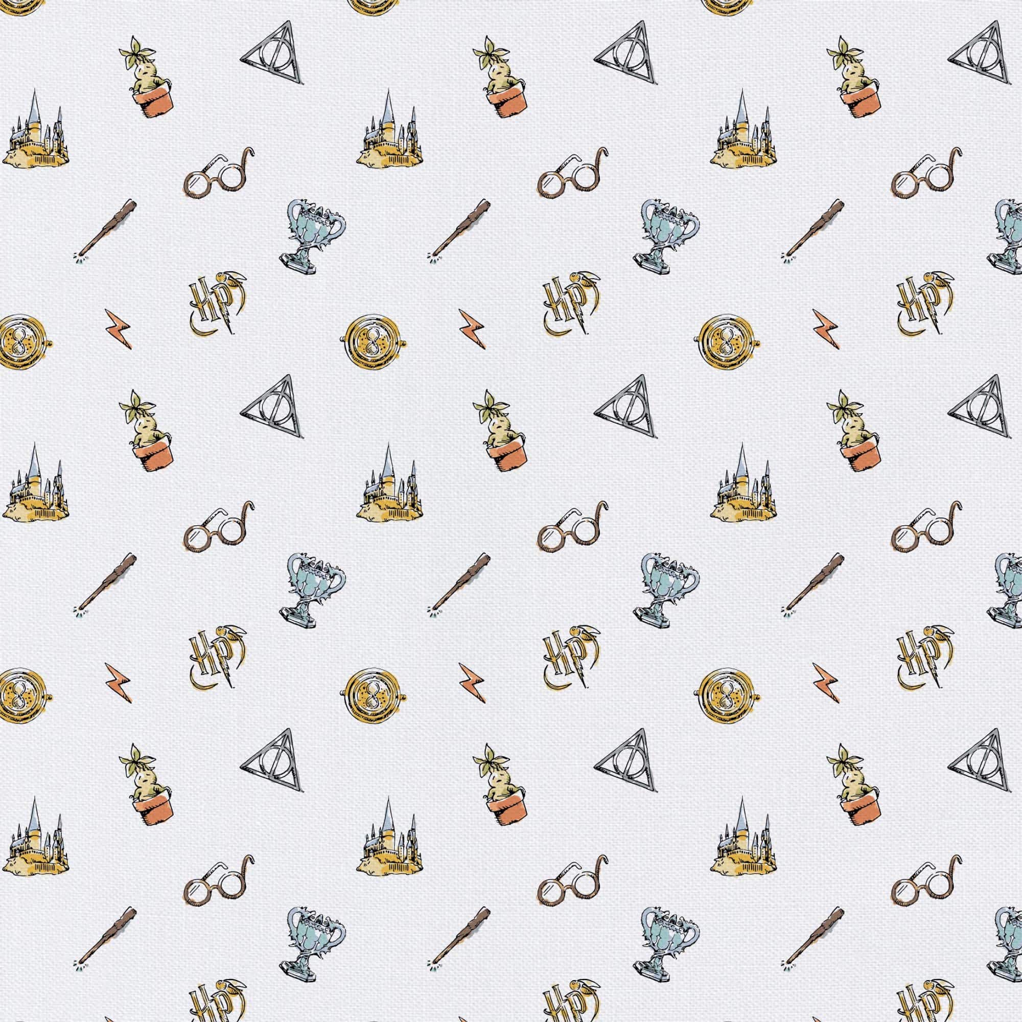 Harry Potter White Watercolor Elements Precut Cotton Fabric