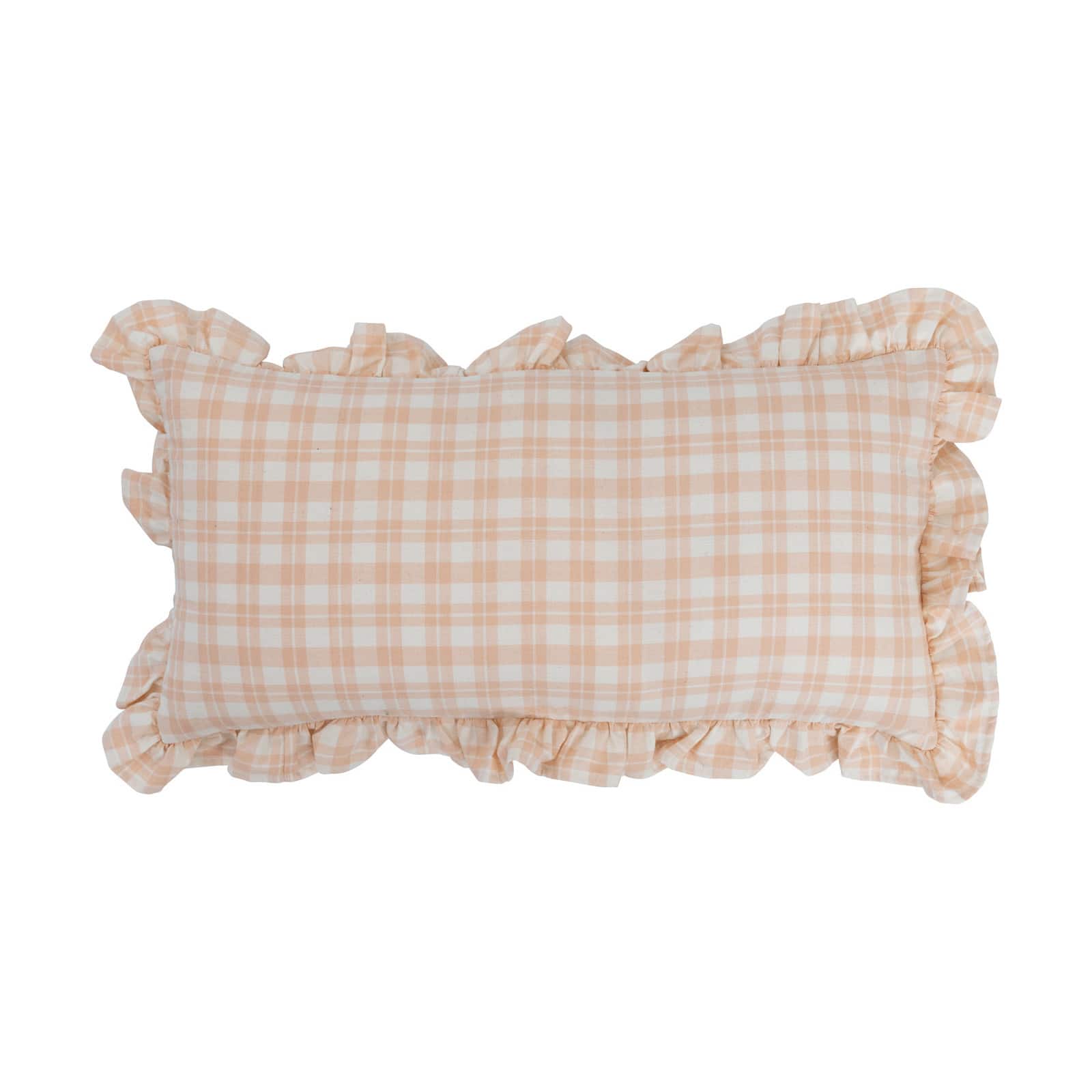 Pink &#x26; White Plaid Cotton Lumbar Pillow with Ruffle