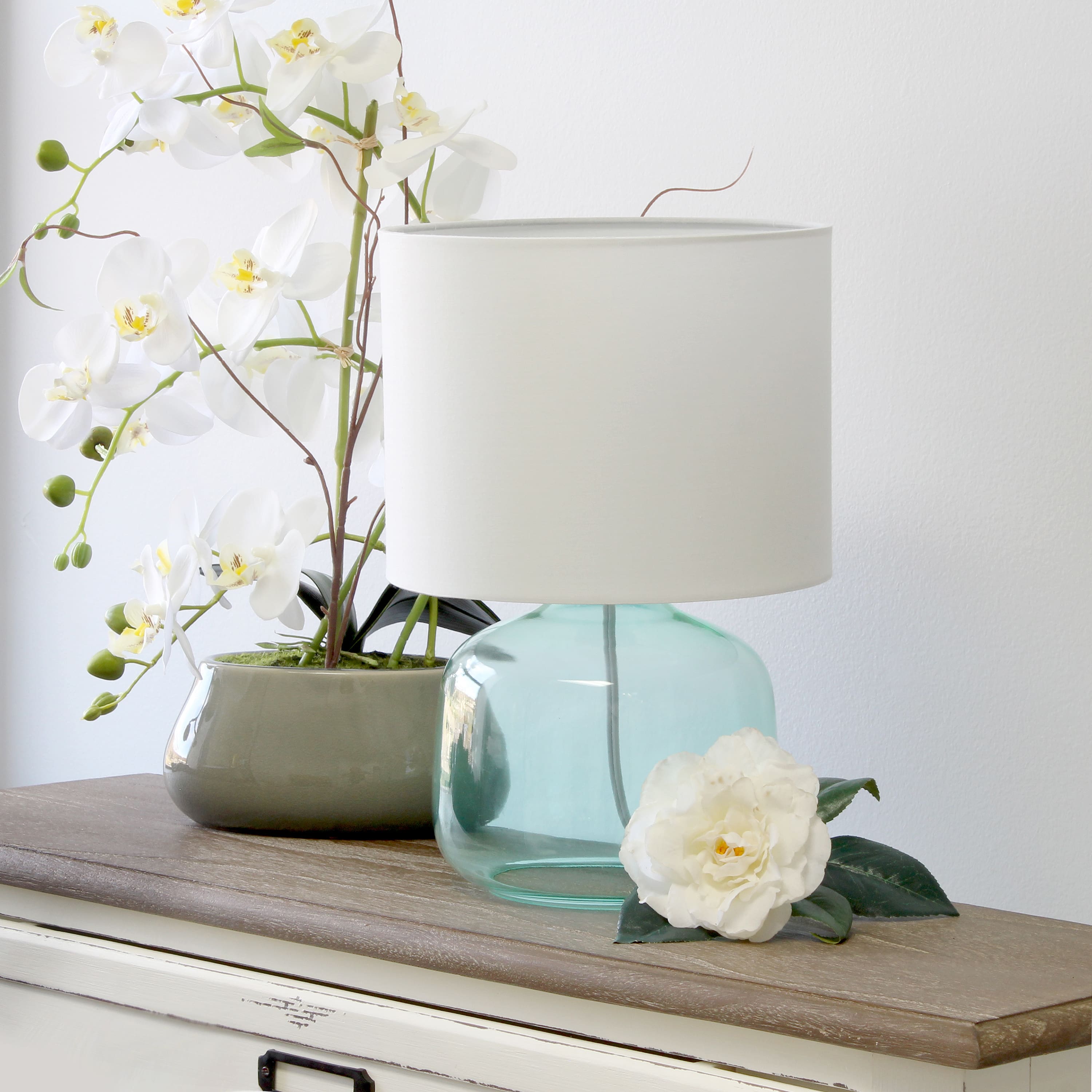 Simple Designs 14&#x22; Glass Table Lamp with White Fabric Shade