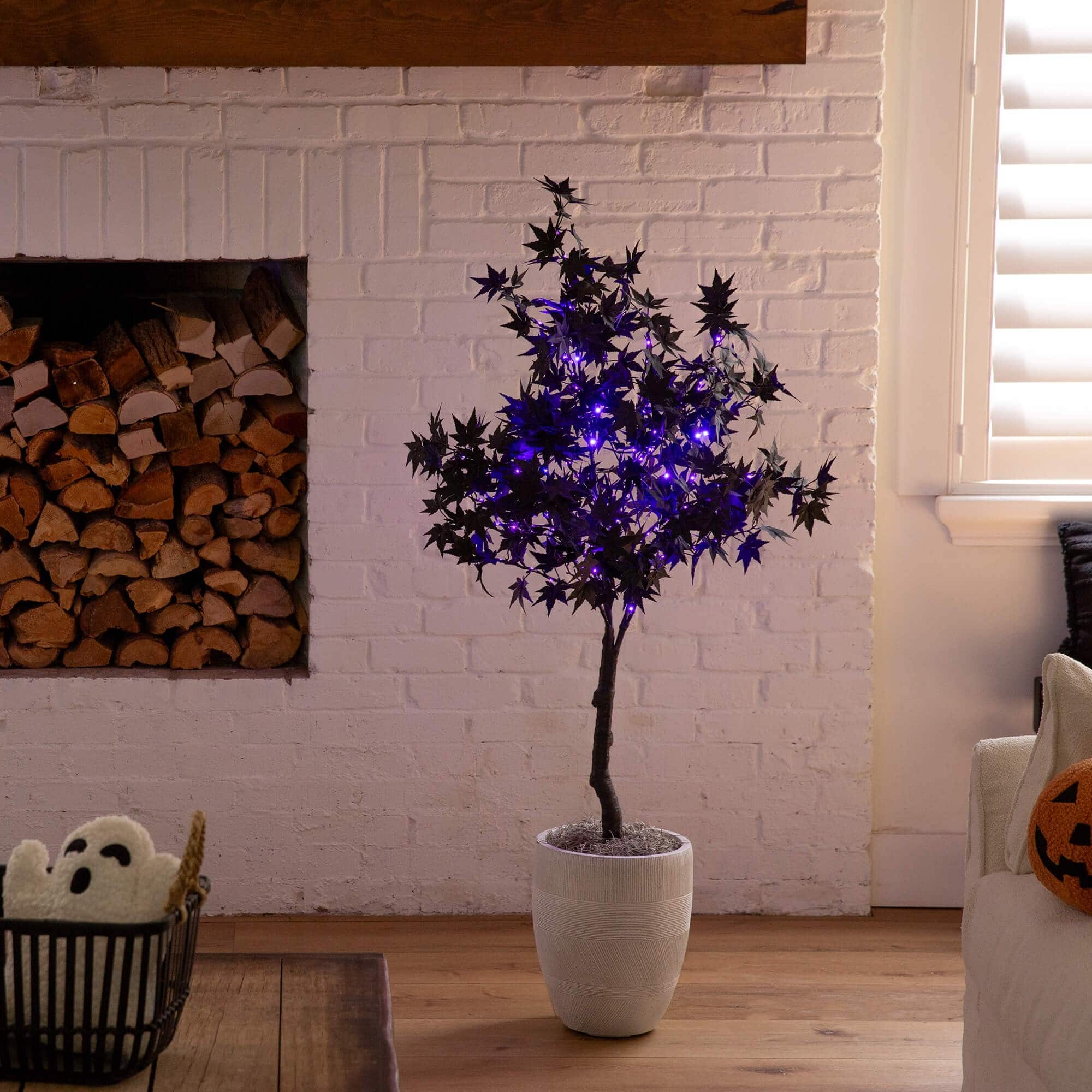 4ft. Pre-Lit Artificial Halloween Black Maple Tree with 180 Orange & Purple LED Lights