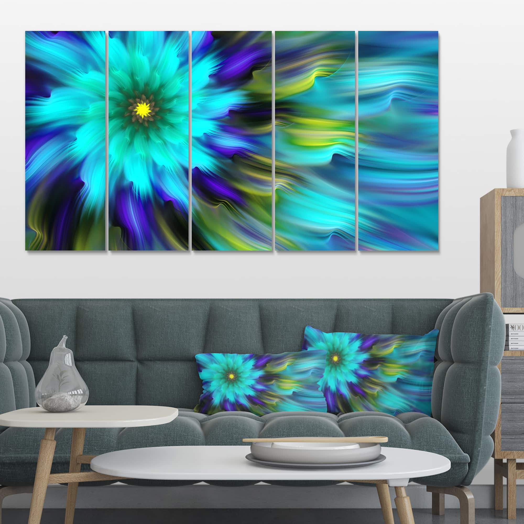 Designart - Massive Blue Green Fractal Flower - Floral Canvas Art Print