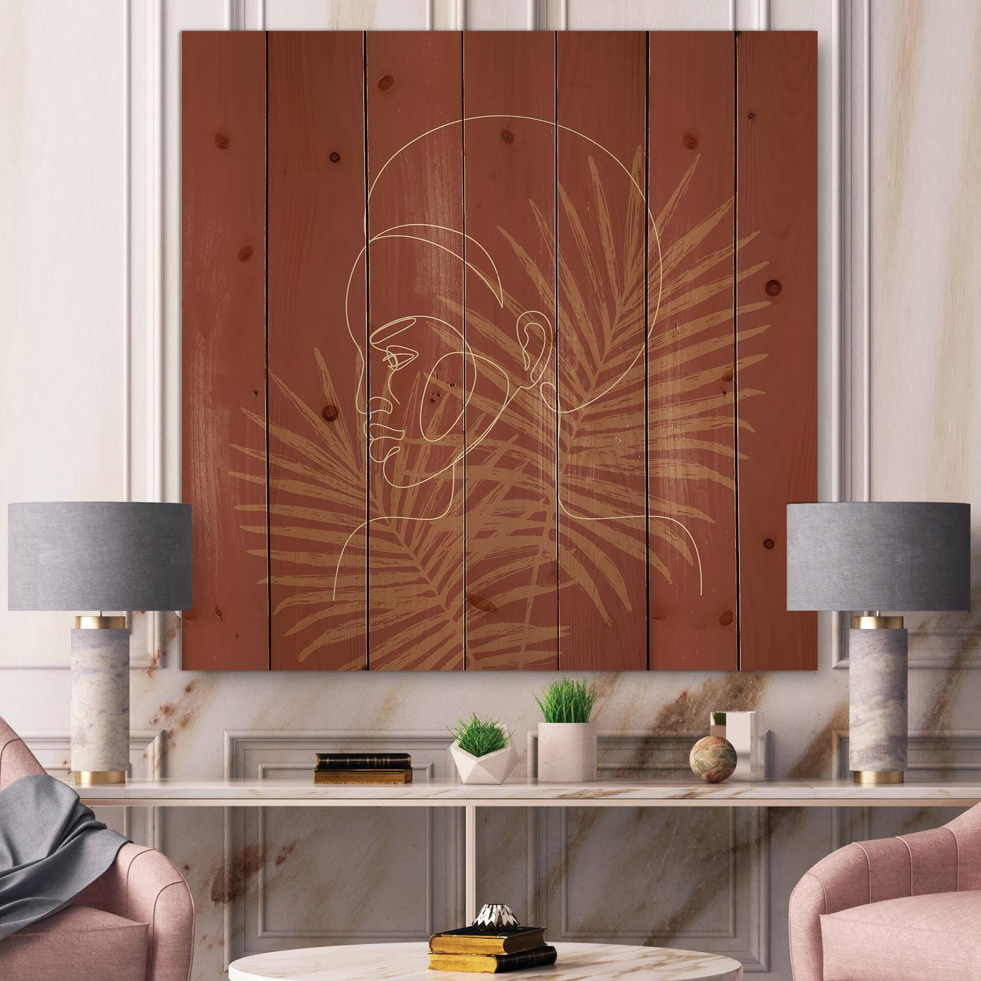 Designart - Sillhouette of Afro American Girl on Palm Leaves - Modern Print on Natural Pine Wood