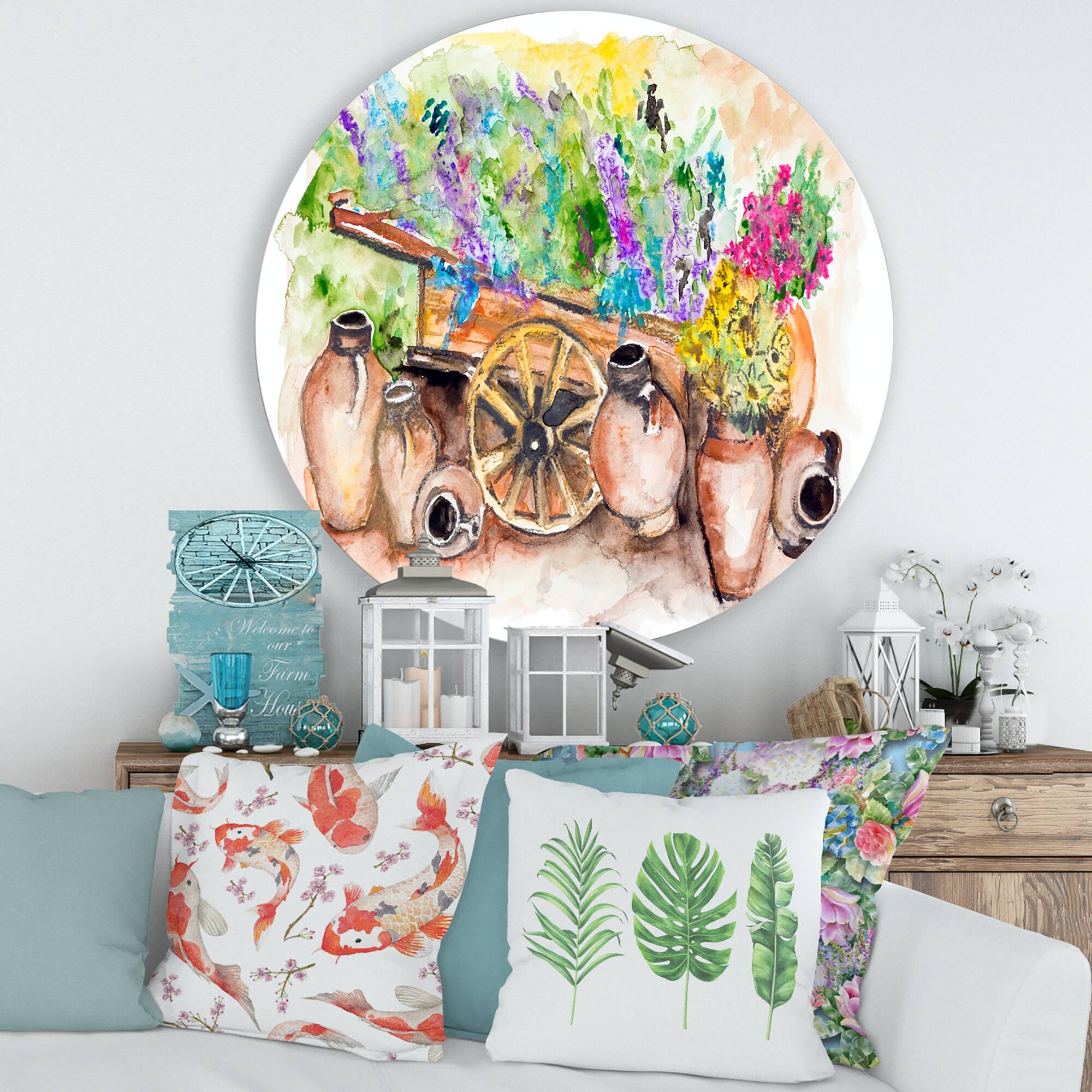 Designart - Lavender Flowers On Ancient Cart - Traditional Metal Circle Wall Art