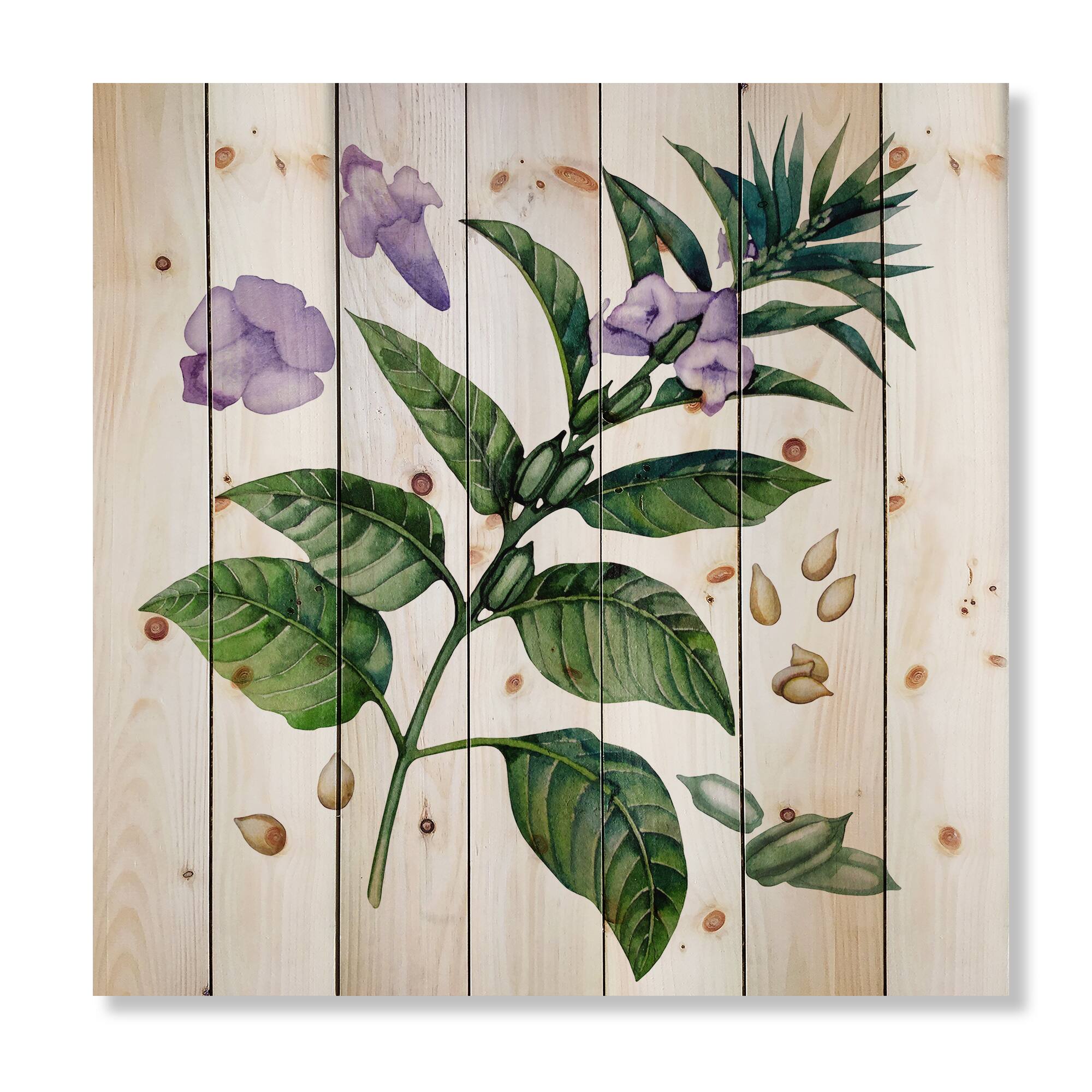 Designart - Purple Sesame Flowers WIth Green Leaves - Traditional Print on Natural Pine Wood