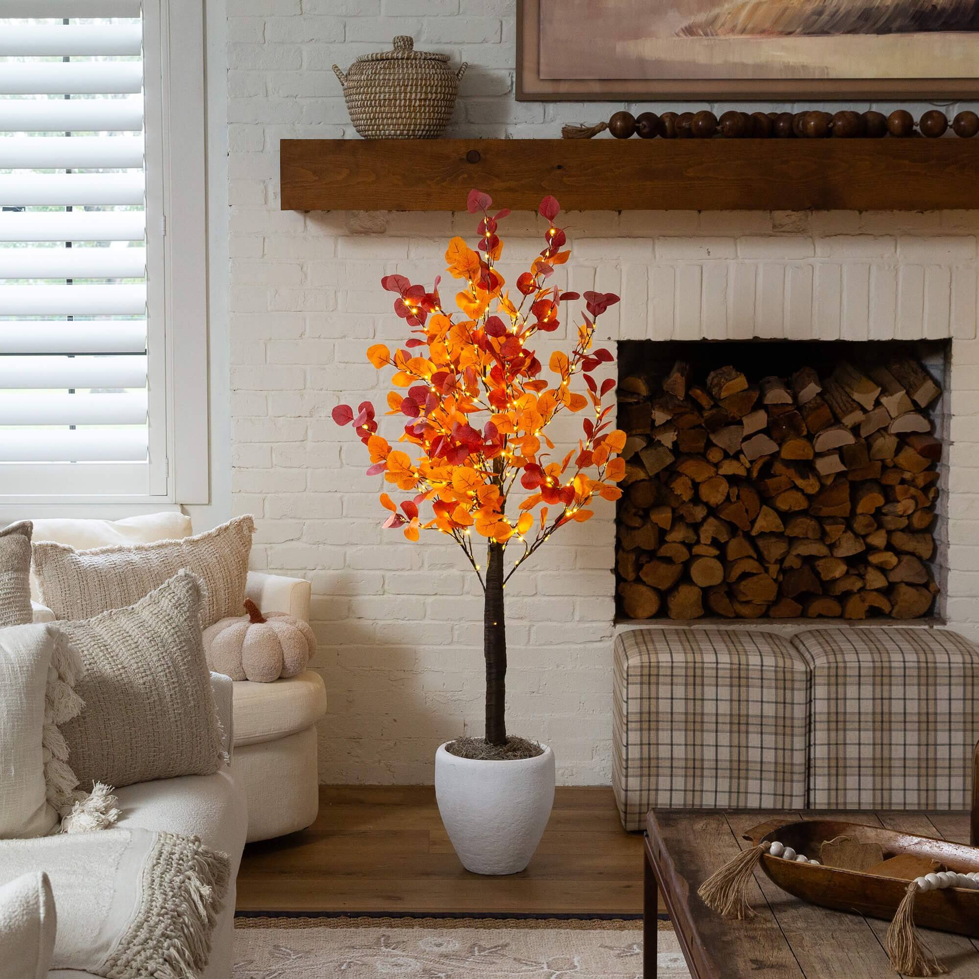 5ft. Pre-Lit Bright Autumn Eucalyptus Artificial Fall Tree with 300 Warm White LED Lights