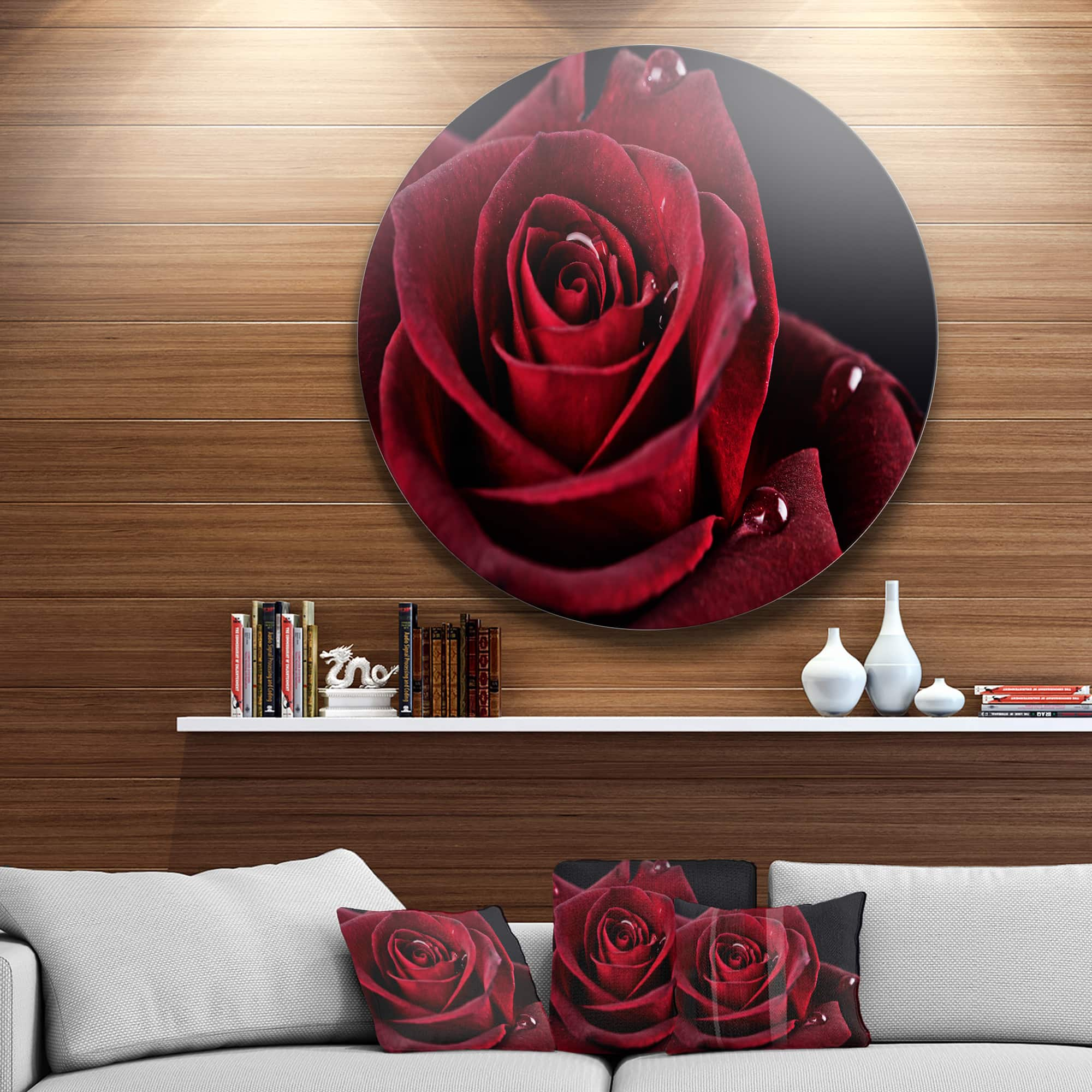 Designart - Red Rose with Raindrops on Black&#x27; Disc Flowers Large Metal Circle Wall Artwork