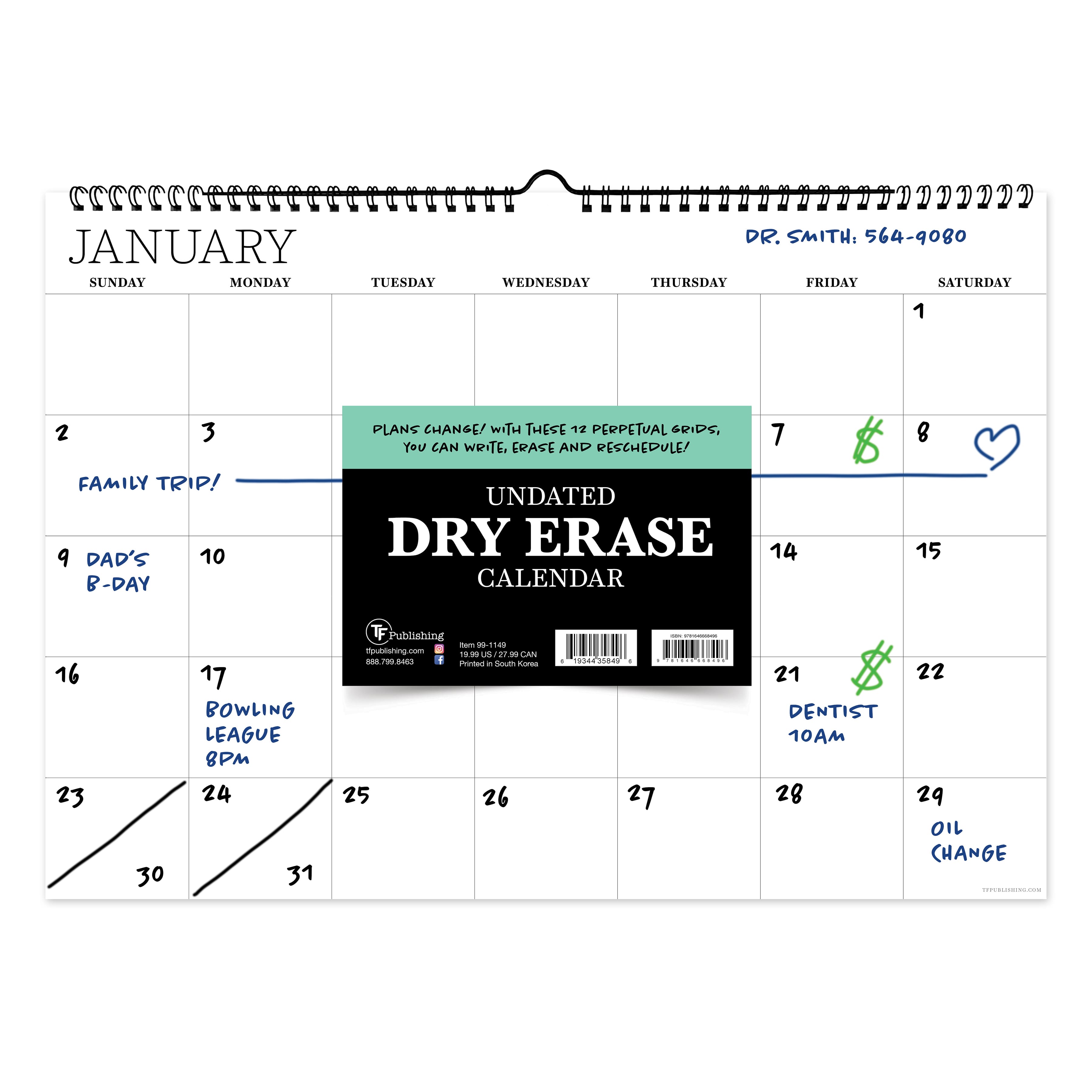 TF Publishing Medium Dry Erase Wired Hanging Horizontal Wall Calendar