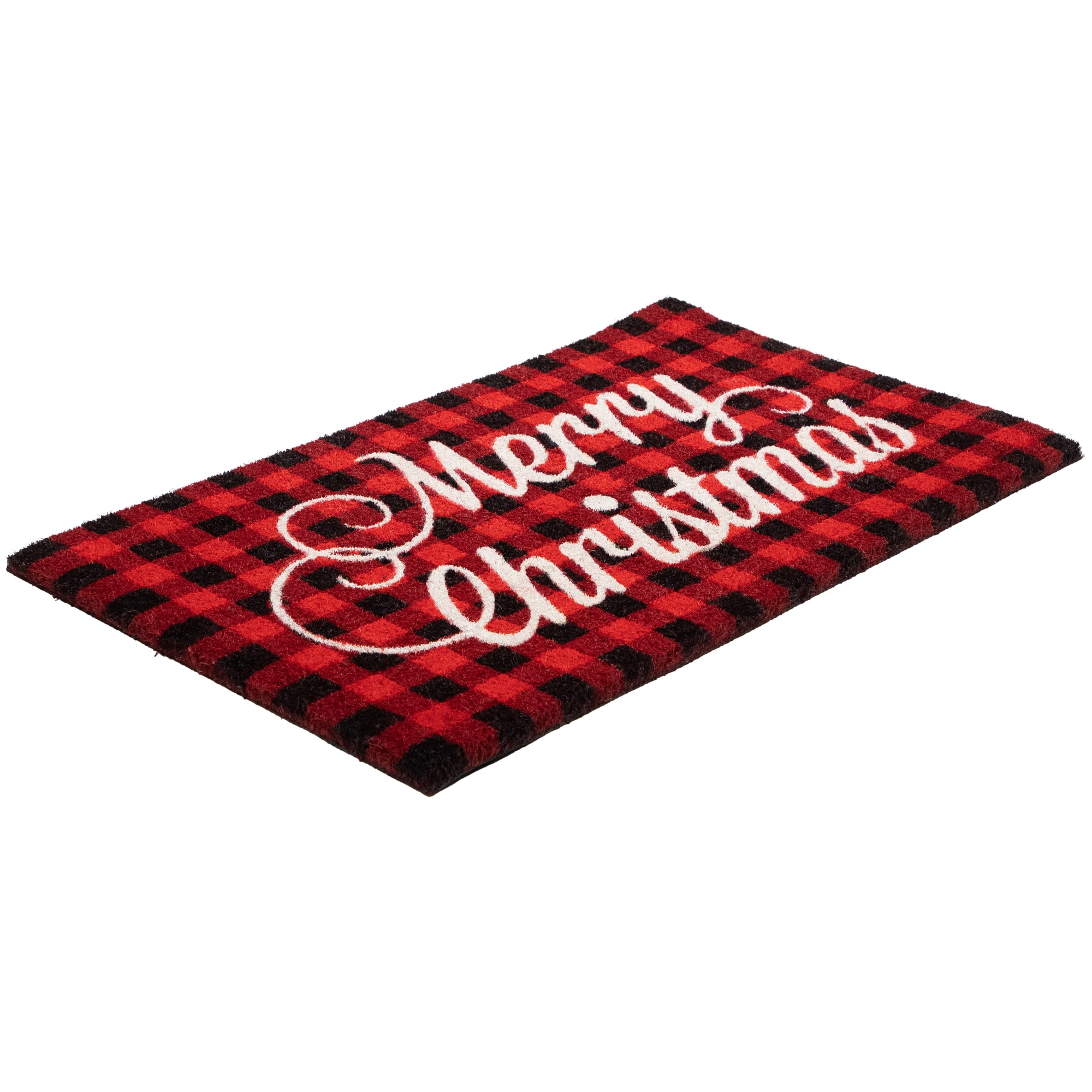 Red and Black Plaid &#x22;Merry Christmas&#x22; Natural Coir Christmas Outdoor Doormat 18&#x22; x 30&#x22;