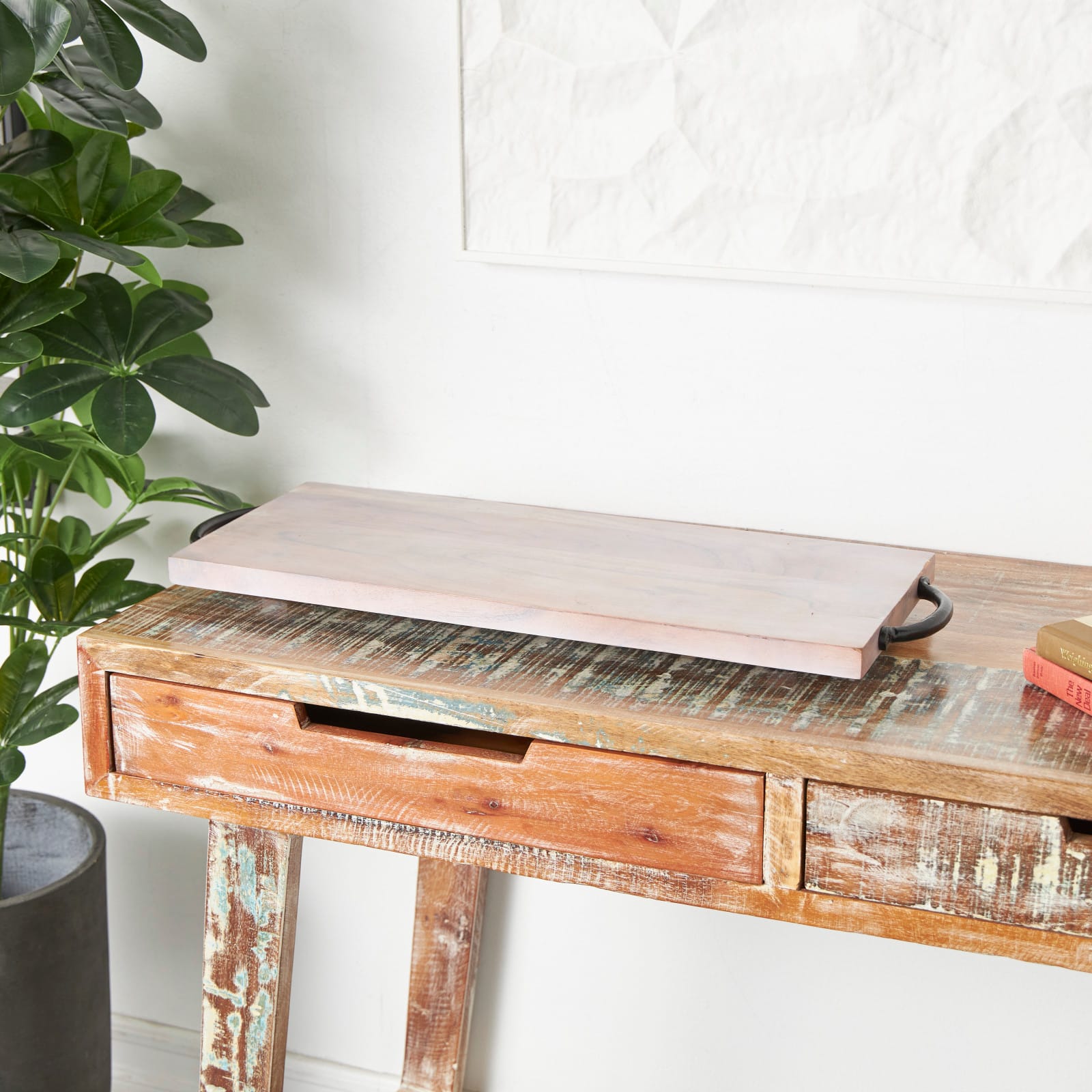 27&#x22; Cream Mango Wood Tray with Black Metal Handles