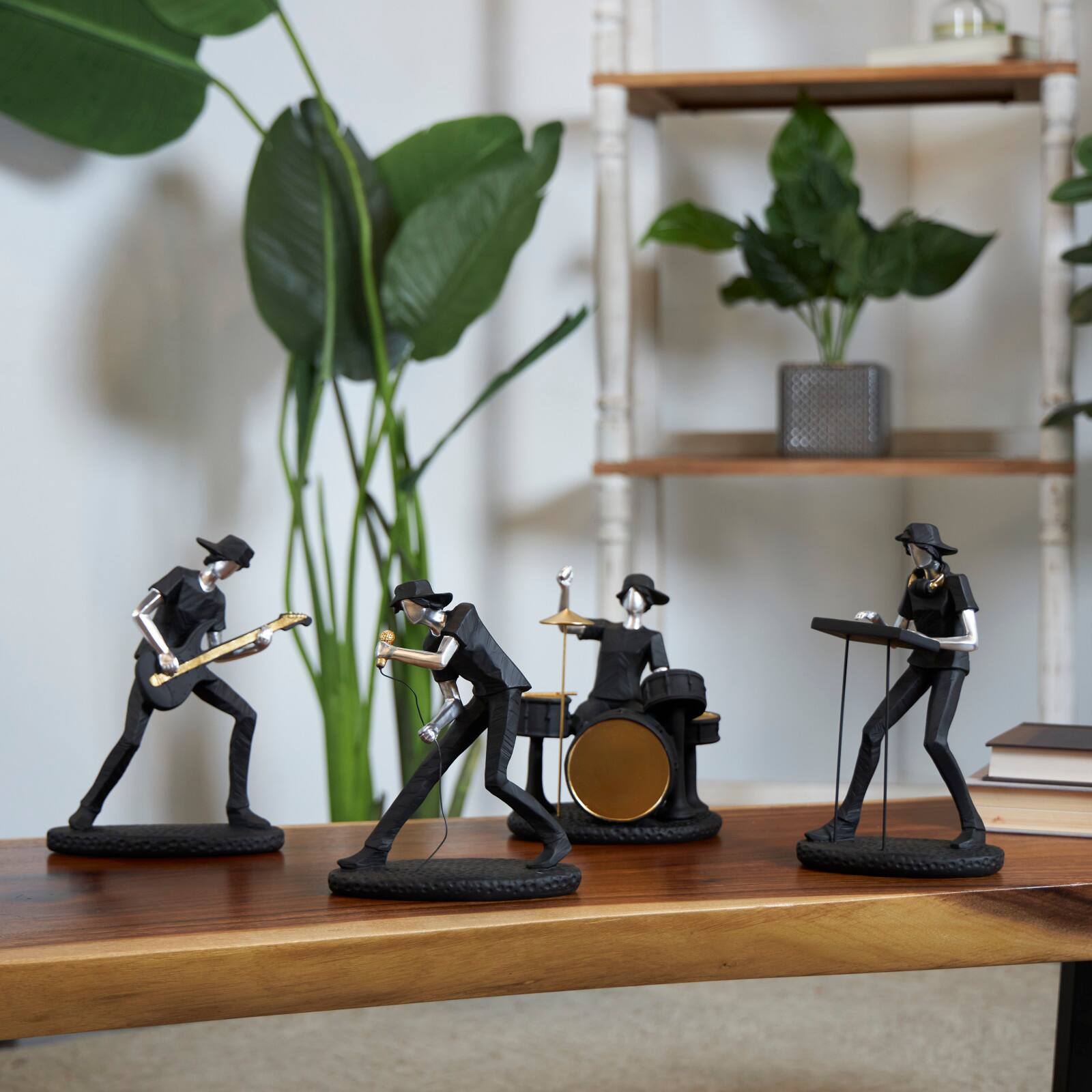 Black Polystone Rock Band Musician Sculpture with Gold &#x26; Silver Accents Set