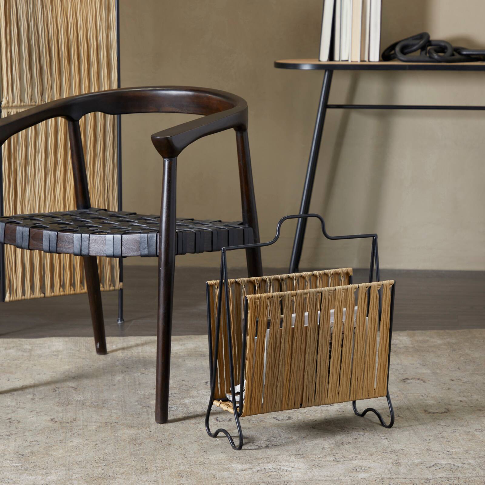 Light Brown Plastic Rattan Handmade Single Slot Magazine Holder with Black Stand 16" x 8" x 20"