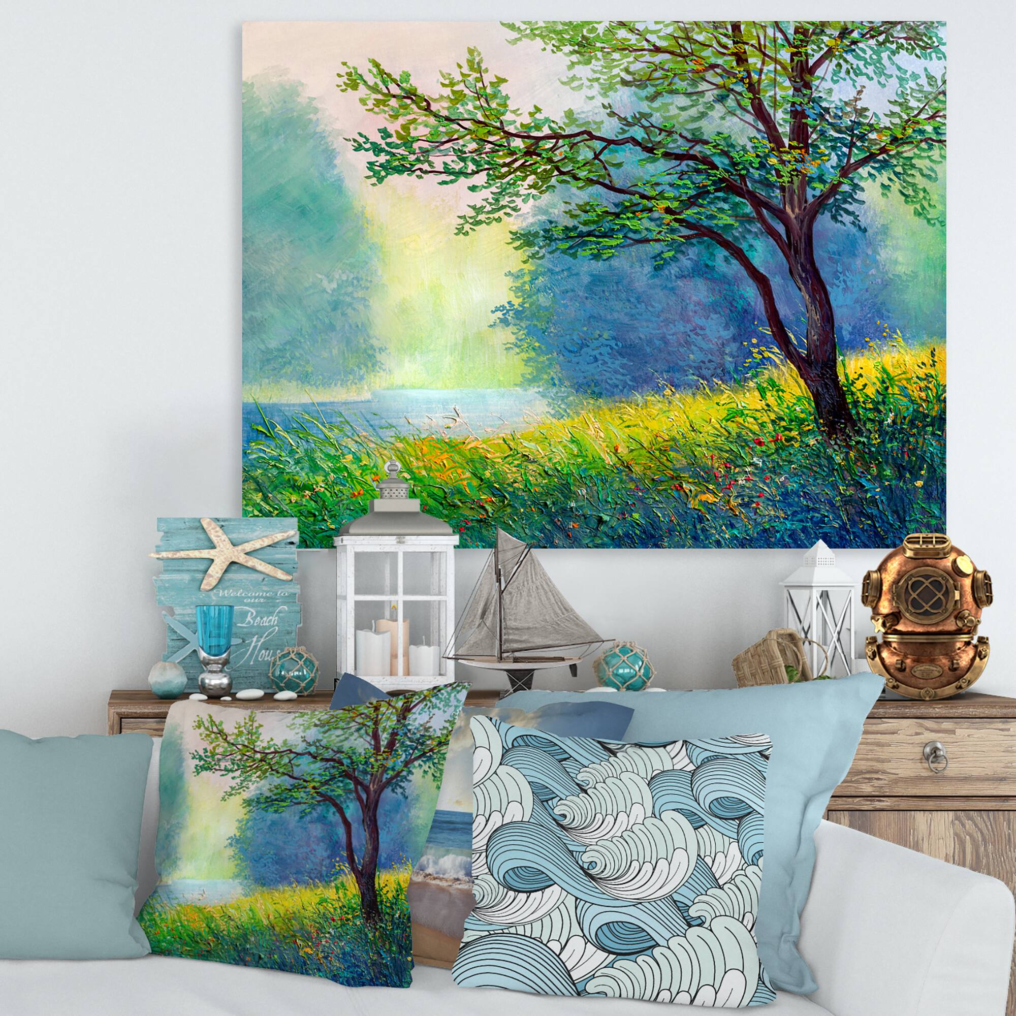 Designart - Summer Forest With River and Waterfall - Traditional Canvas Wall Art Print