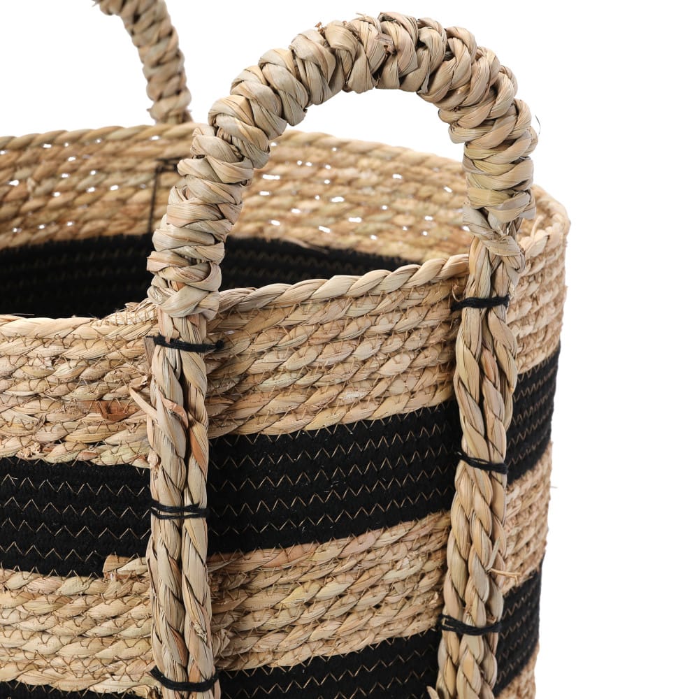 Household Essentials 20" Black & Natural Stripes Braided Basket with Handles