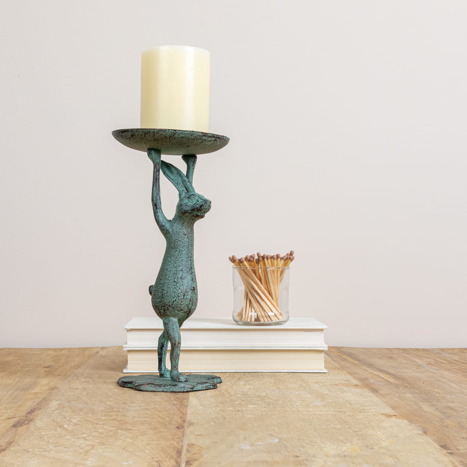 Hello Honey® 10.8" Patina Finish Cast Iron Rabbit Pillar Candle Holder