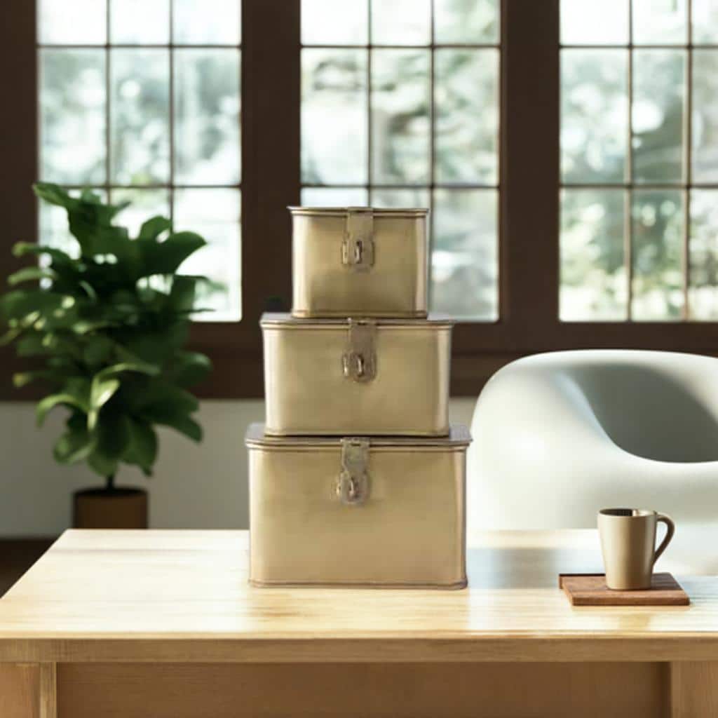 Square Decorative Metal Boxes with Gold Finish (Set of 3 Sizes)