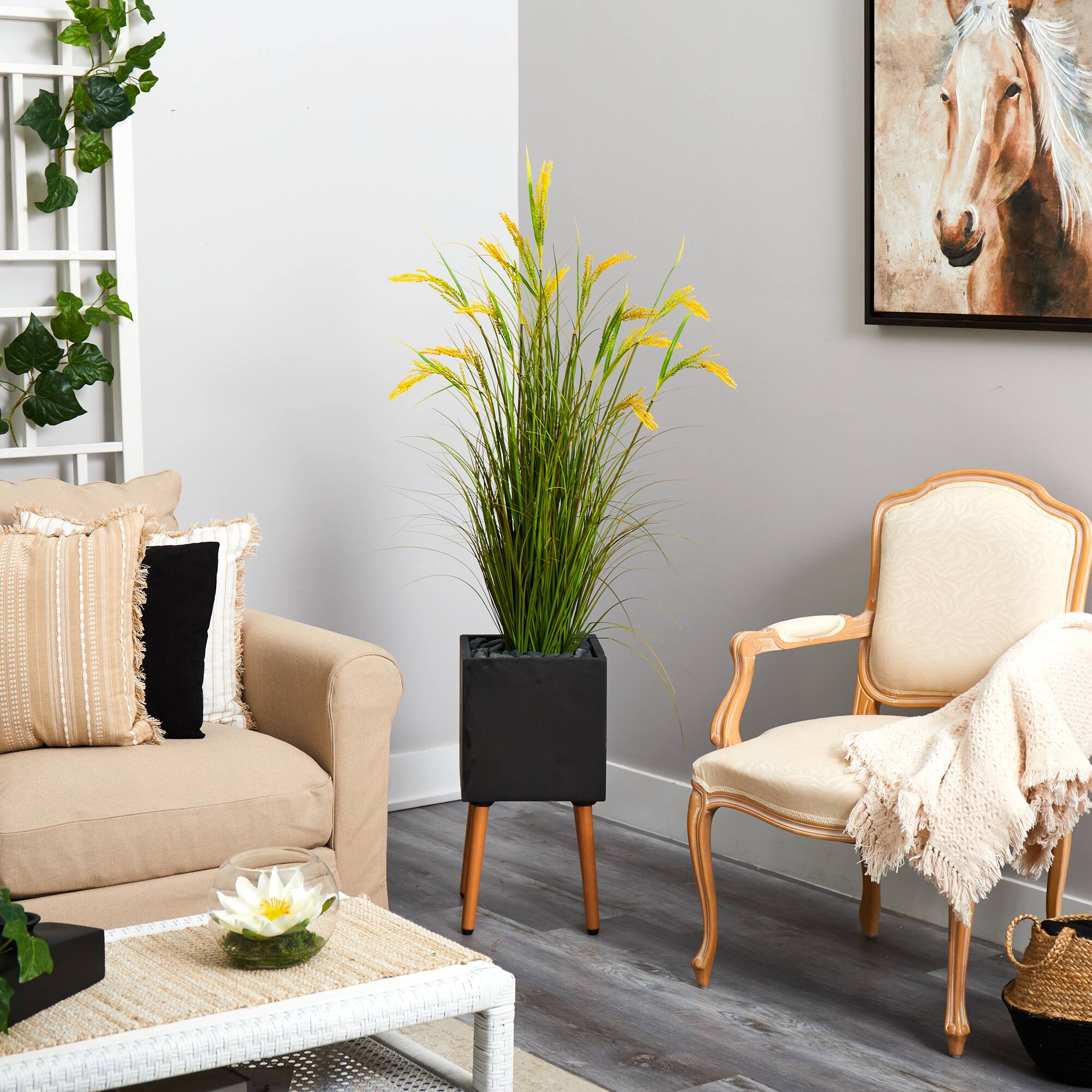 5ft. Wheat Grain Artificial Plant in Black Planter with Stand
