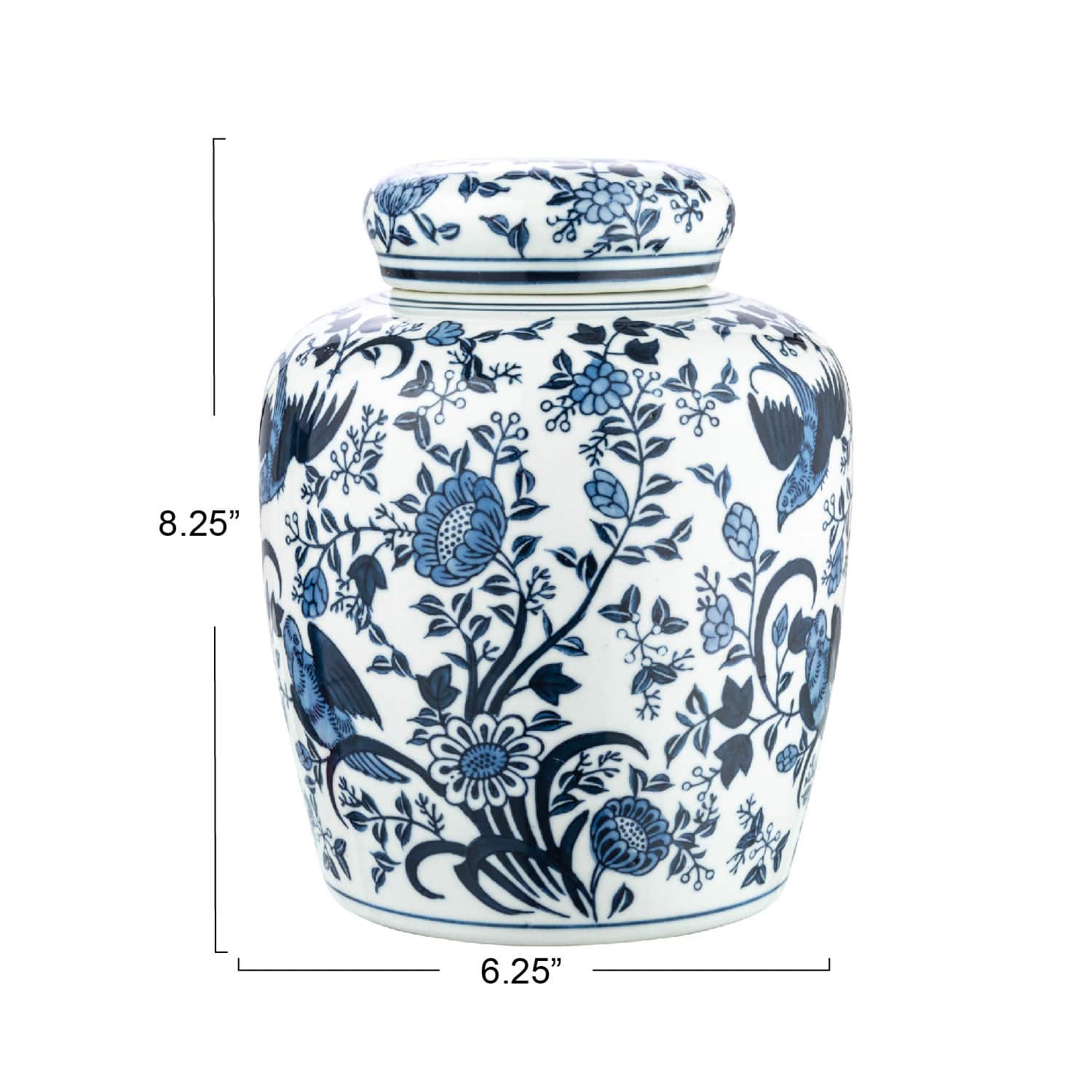 8&#x22; Blue &#x26; White Decorative Bird Ceramic Ginger Jar with Lid