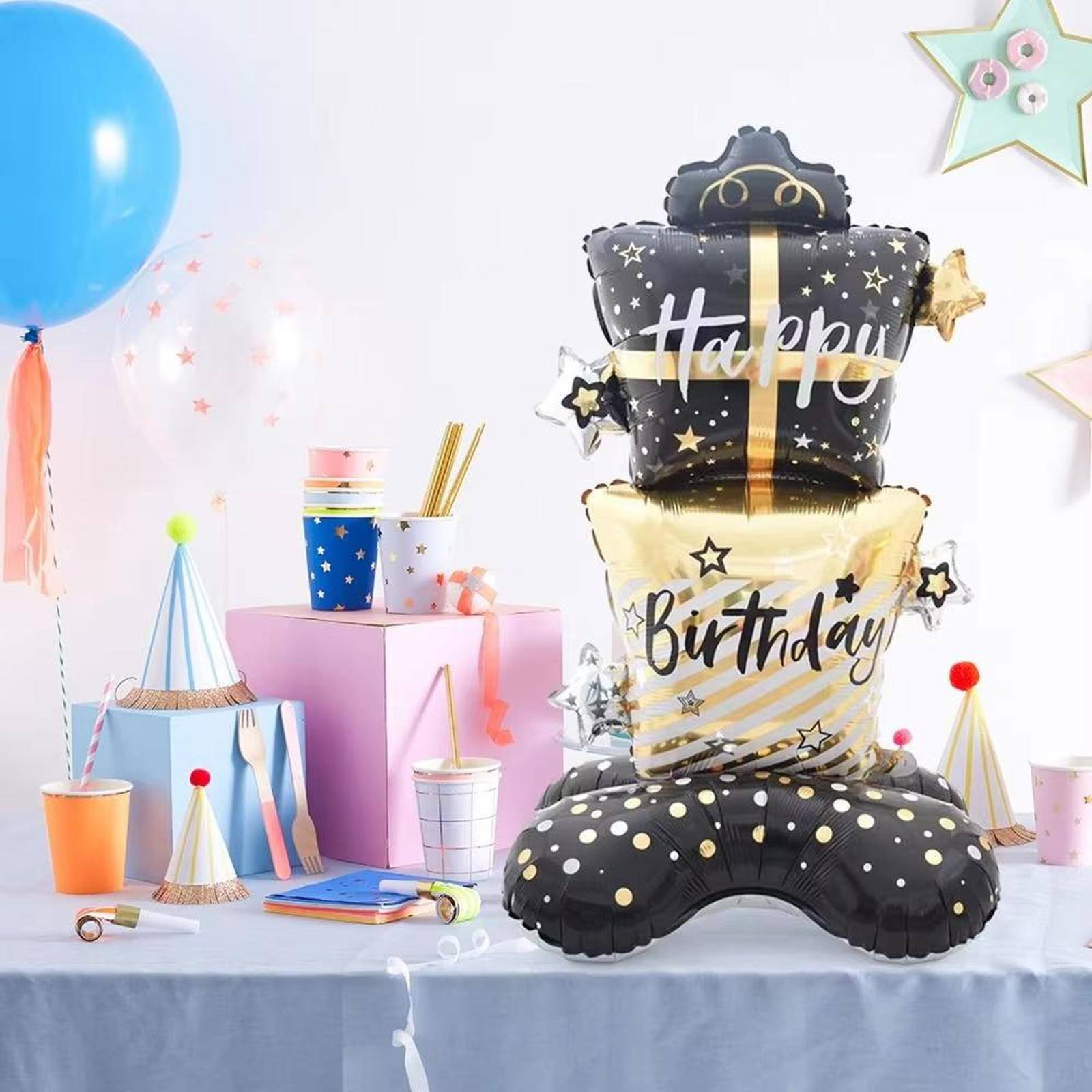 Wizardi Black & Gold Happy Birthday Gifts Standing Foil Balloon Decoration