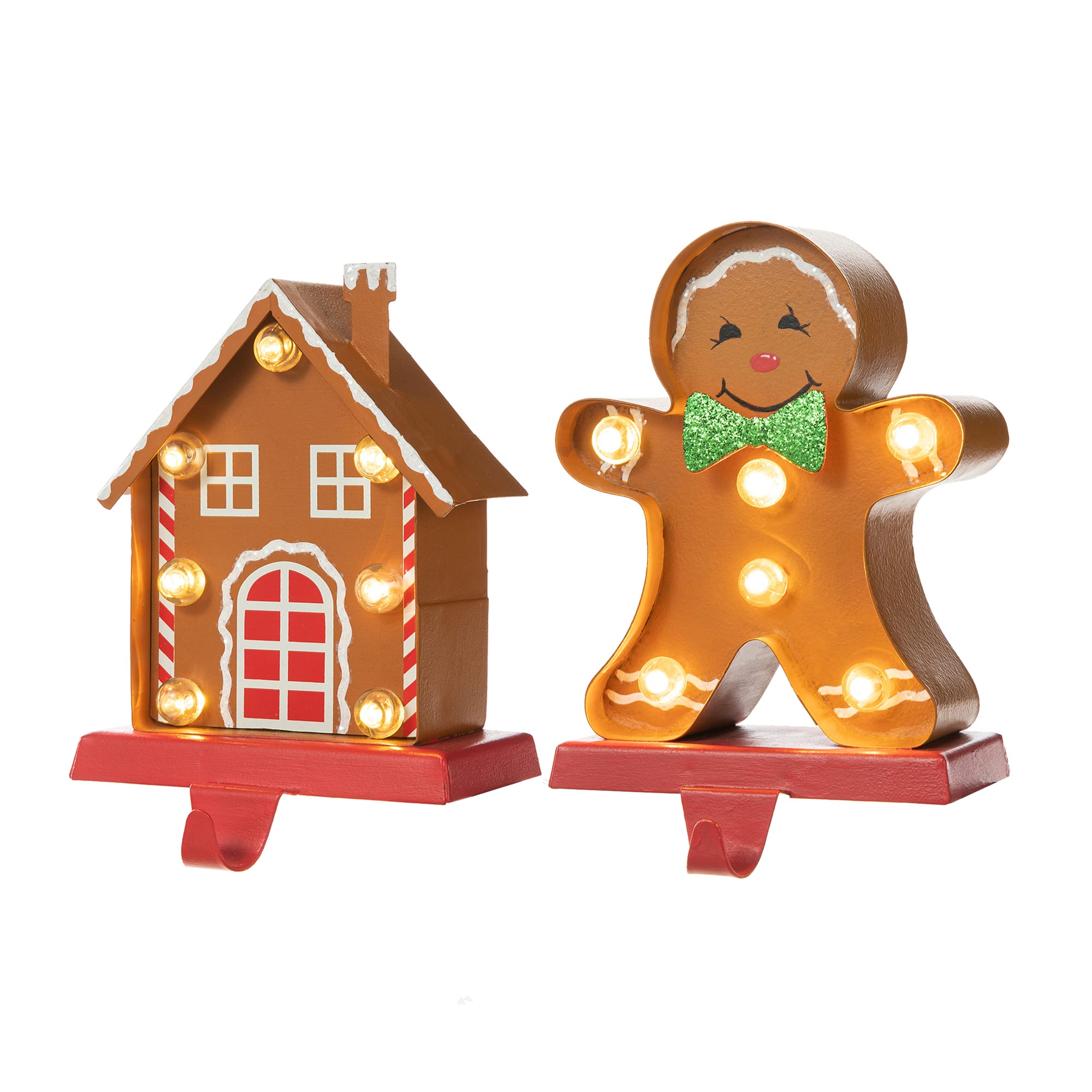 Glitzhome&#xAE; Marquee LED Gingerbread House &#x26; Gingerbread Man Christmas Stocking Holder Set