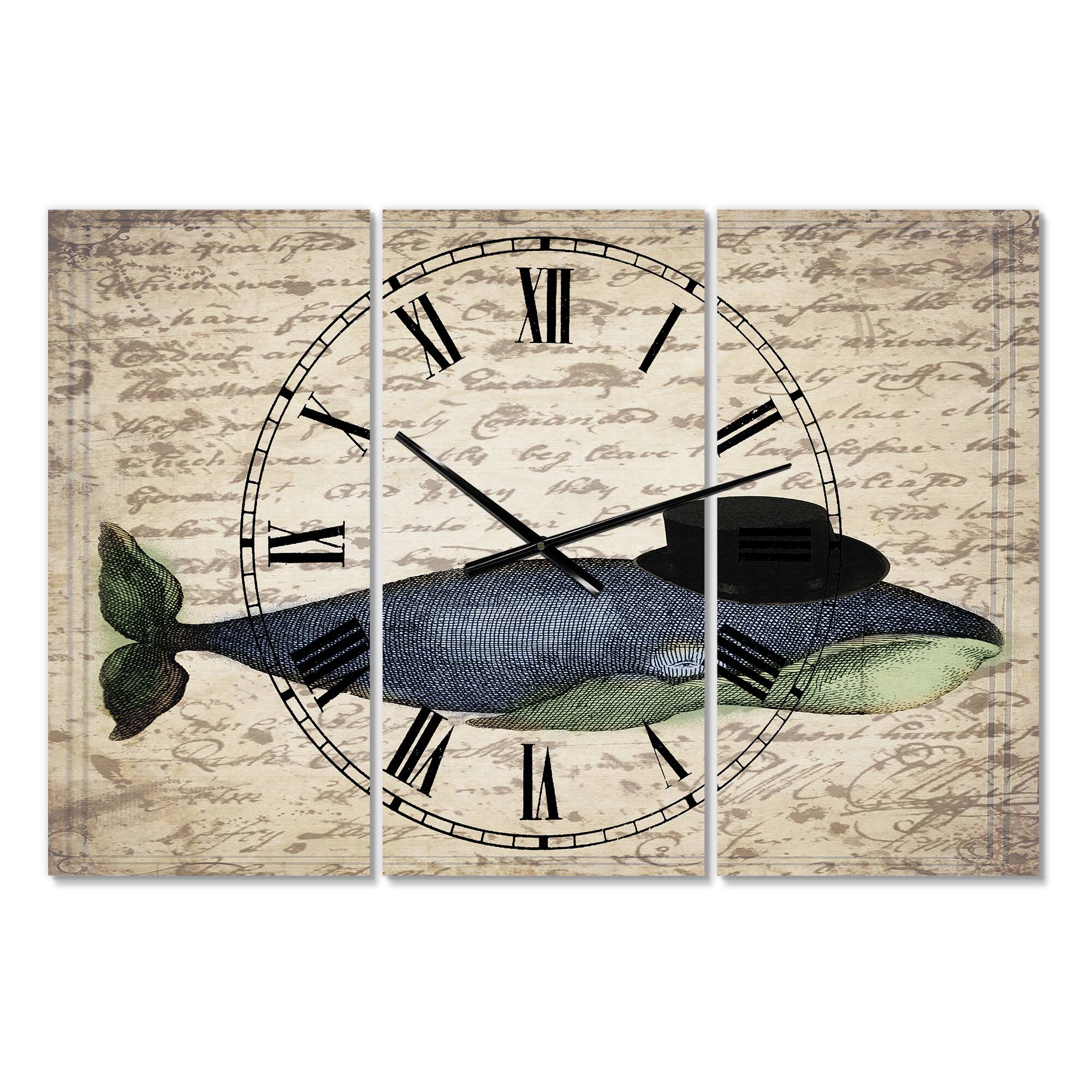 Designart Old Style Whale With Hat Oversized Nautical & Coastal 3 Panel Wall Clock