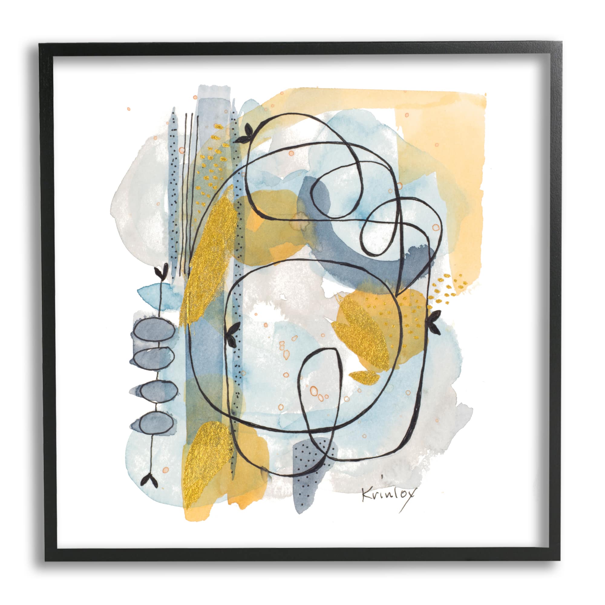 Stupell Industries Modern Leaf Line Abstraction Yellow Blue Watercolor Framed Wall Art