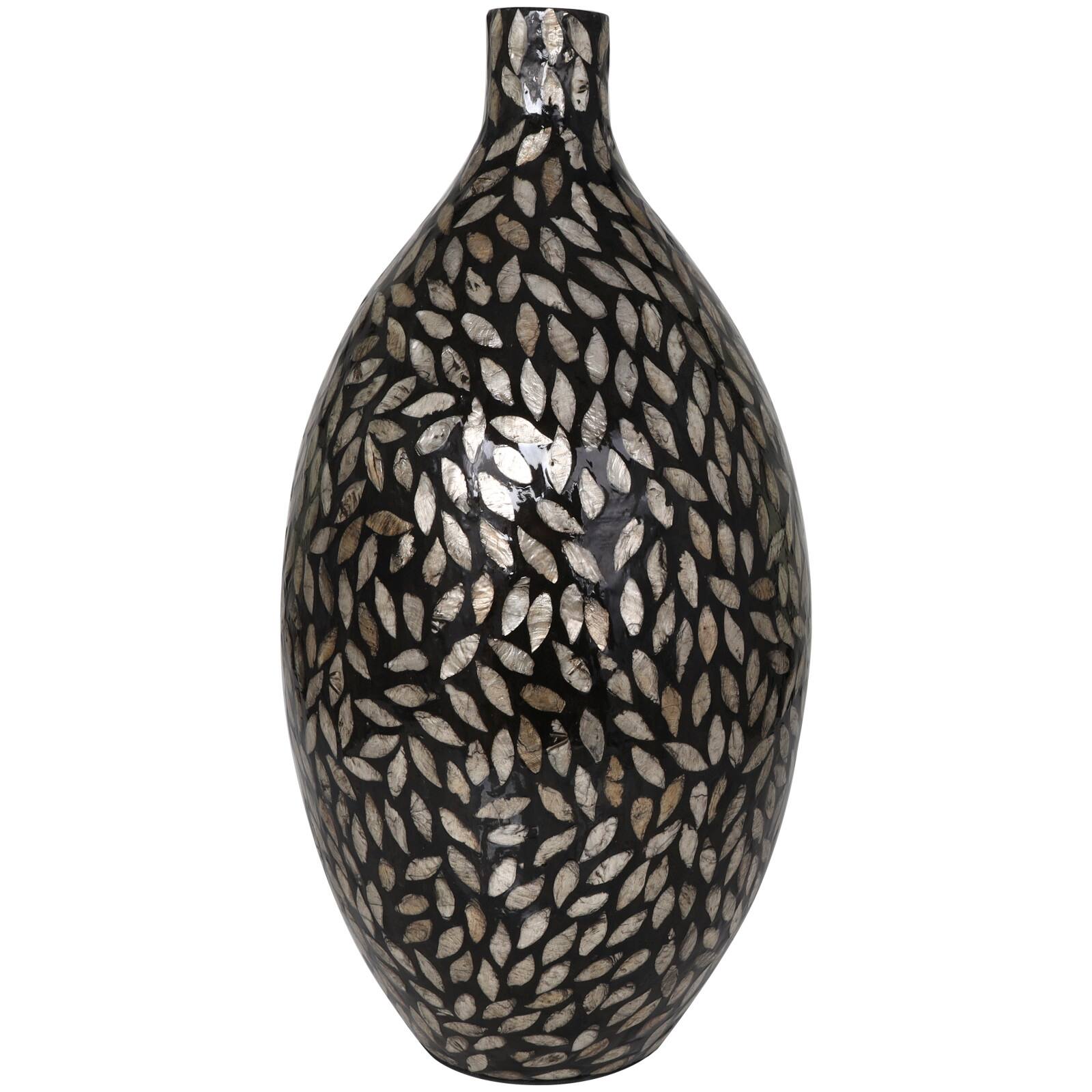 22&#x22; Black Mother of Pearl Handmade Mosaic Floral Inspired Vase