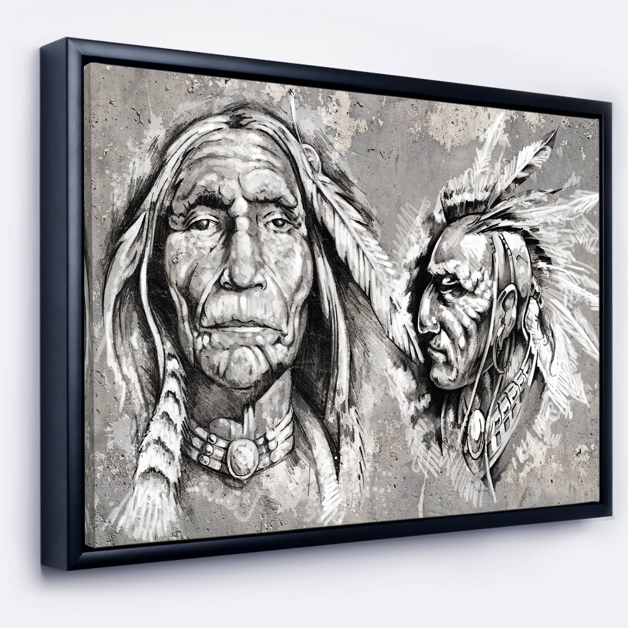 Designart - Native American Indian Heads - Abstract Portrait Canvas Print in Black Frame