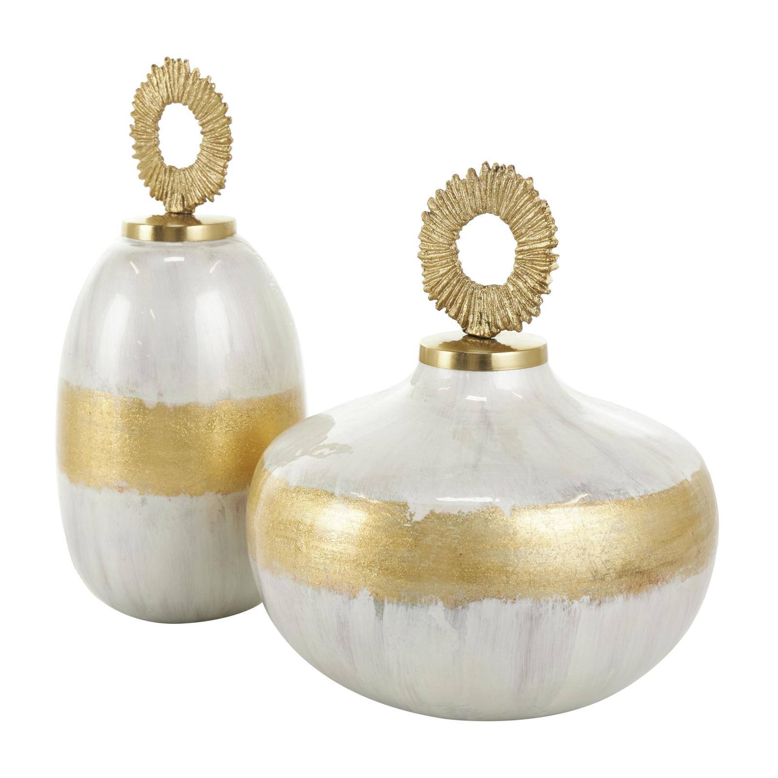 White Metal Abstract Brushed Decorative Jar Set with Gold Detailing & Ring Handles