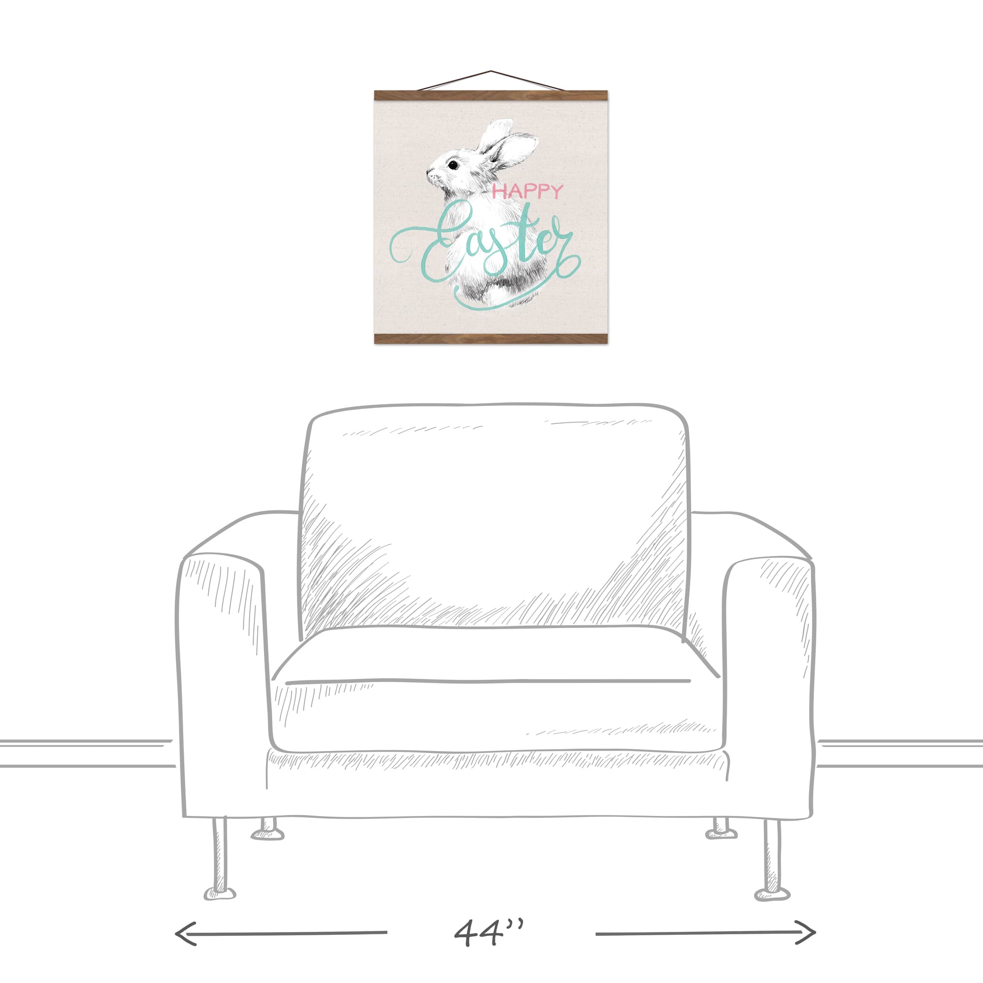 Happy Easter Sketch Bunny Teak Hanging Canvas