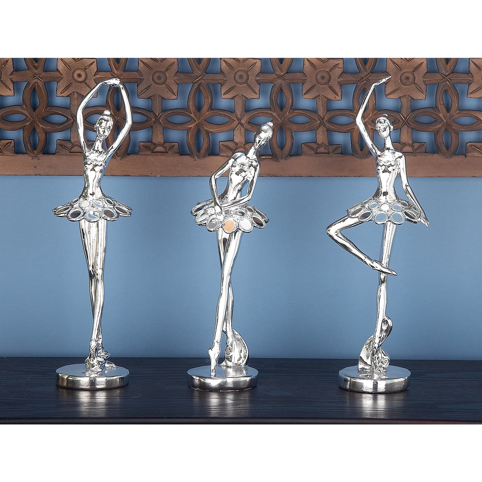Set of 3 Silver Polystone Modern Dancer Sculpture, 14", 14", 12"