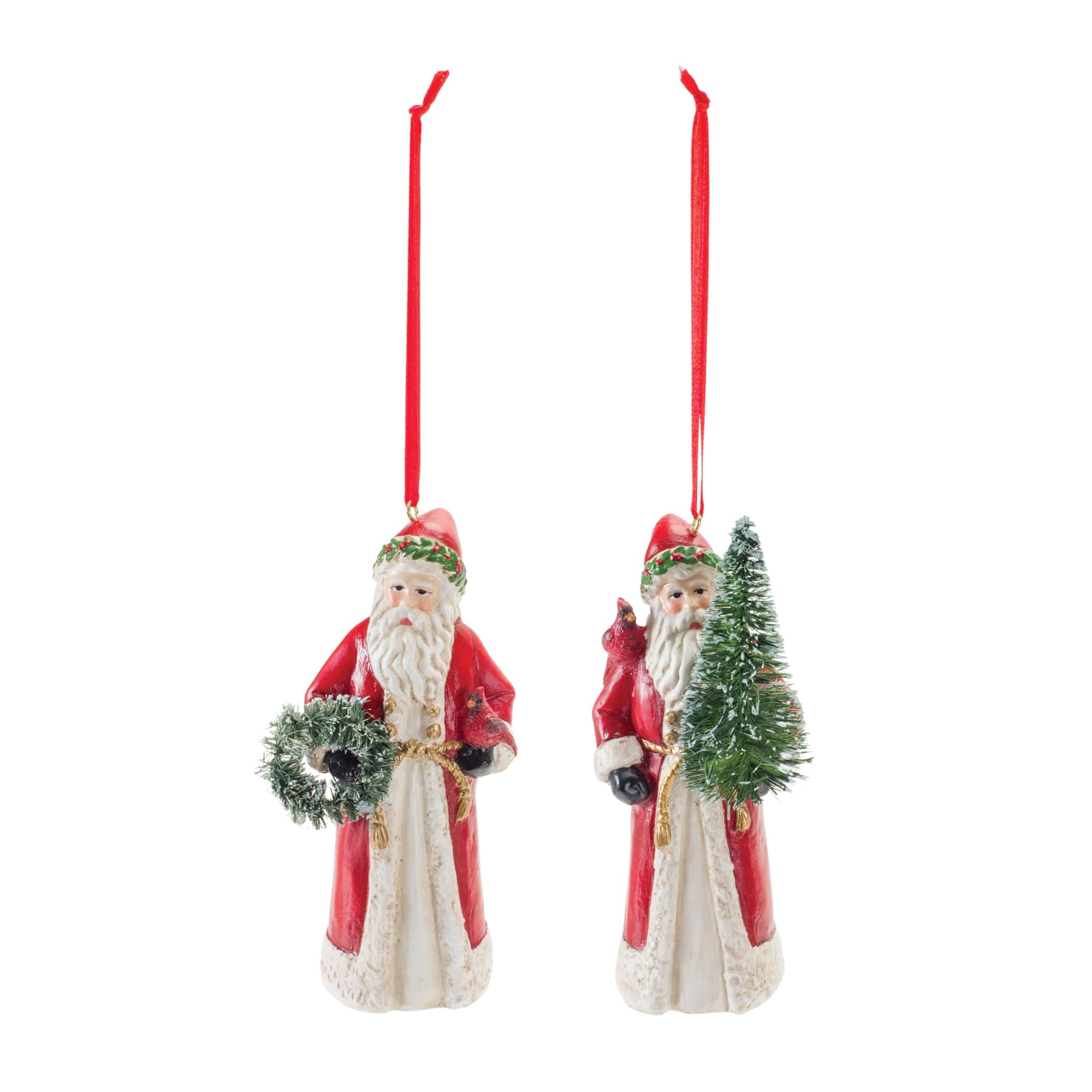 Santa with Cardinal Bird Ornament Set