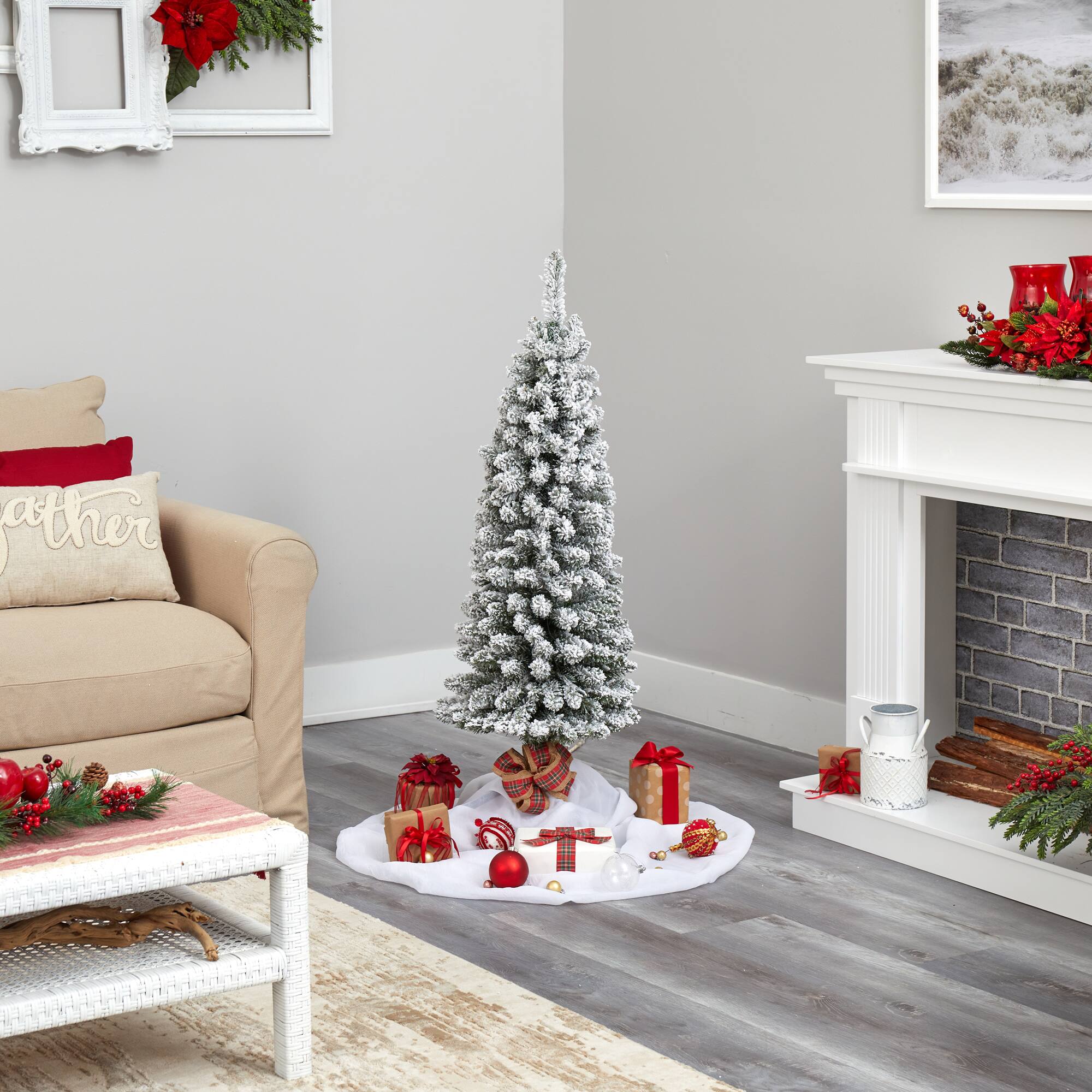 4ft. Pre-Lit Flocked Pencil Artificial Christmas Tree with Clear LED Lights