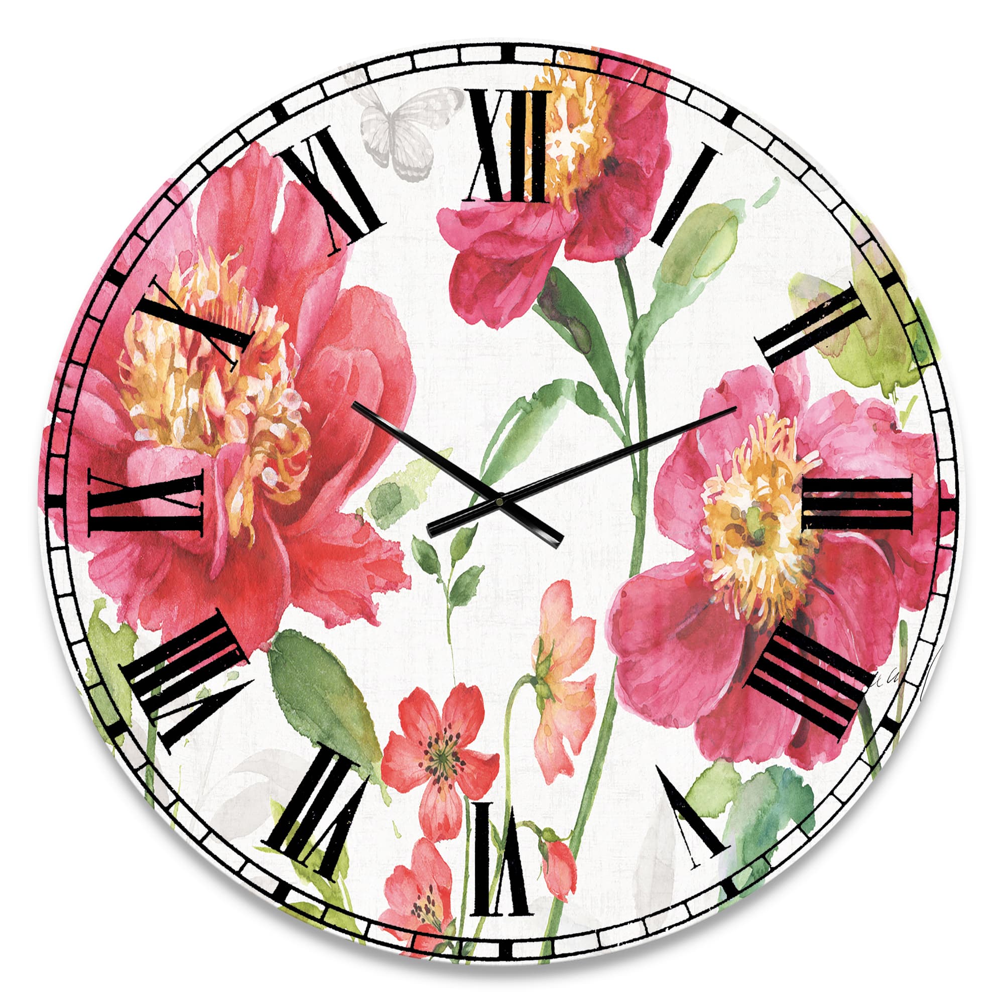 Designart 'Red Springflowers And Handpainted Butterfly Traditional Wall Clock