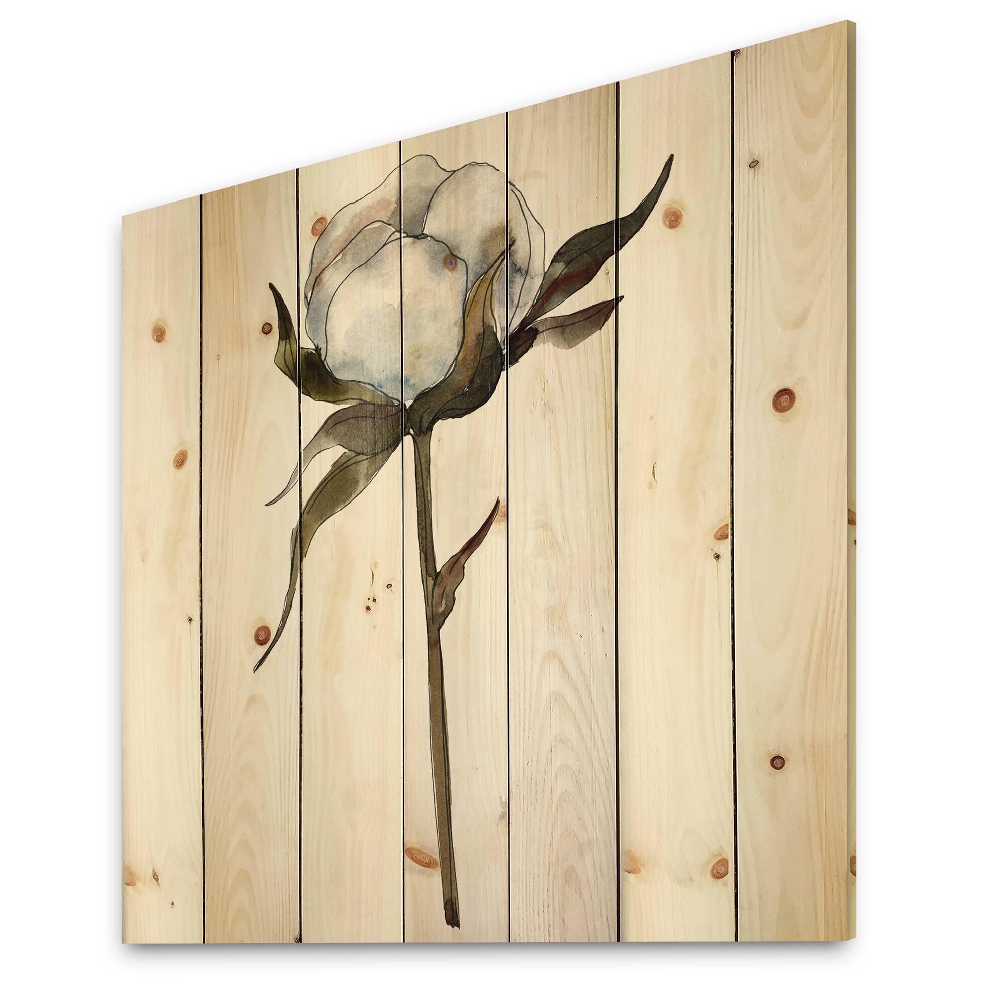 Designart - Retro Cotton Flower - Traditional Print on Natural Pine Wood