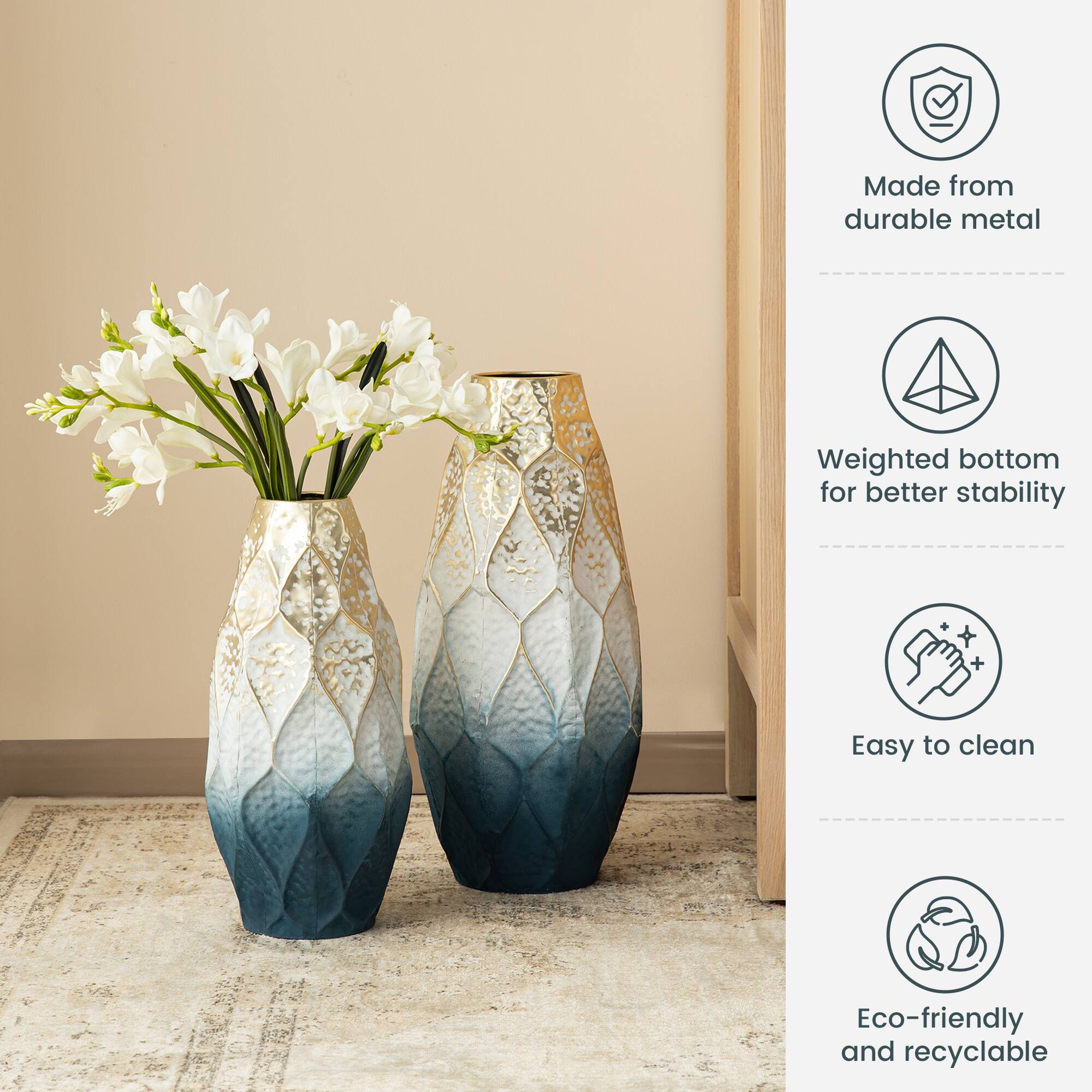 Glitzhome® Abstract Ombre Blue & Gold Metal Floor Vases Set